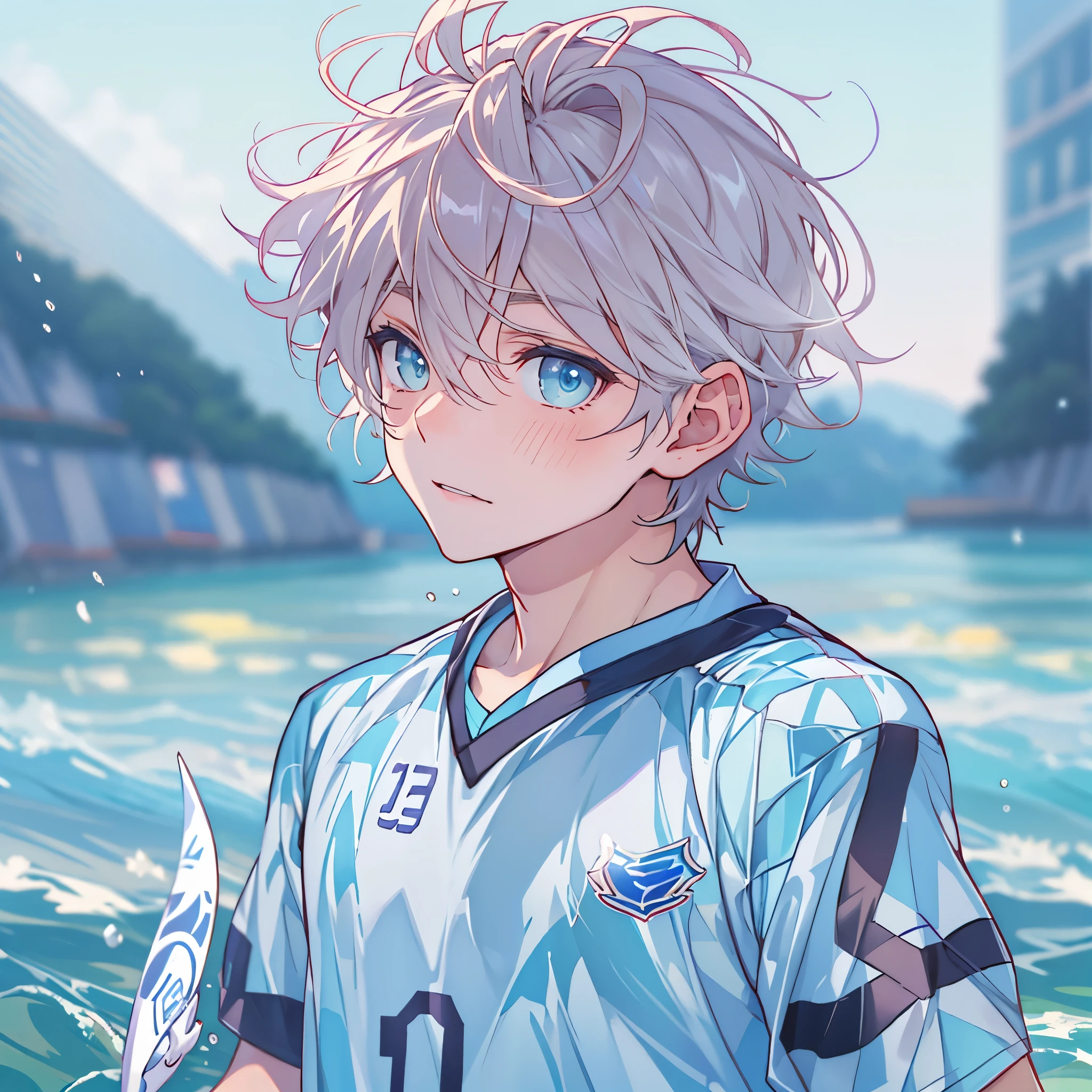 1boy, masculino, soccer uniform , aquamarine eyes, over the ocean