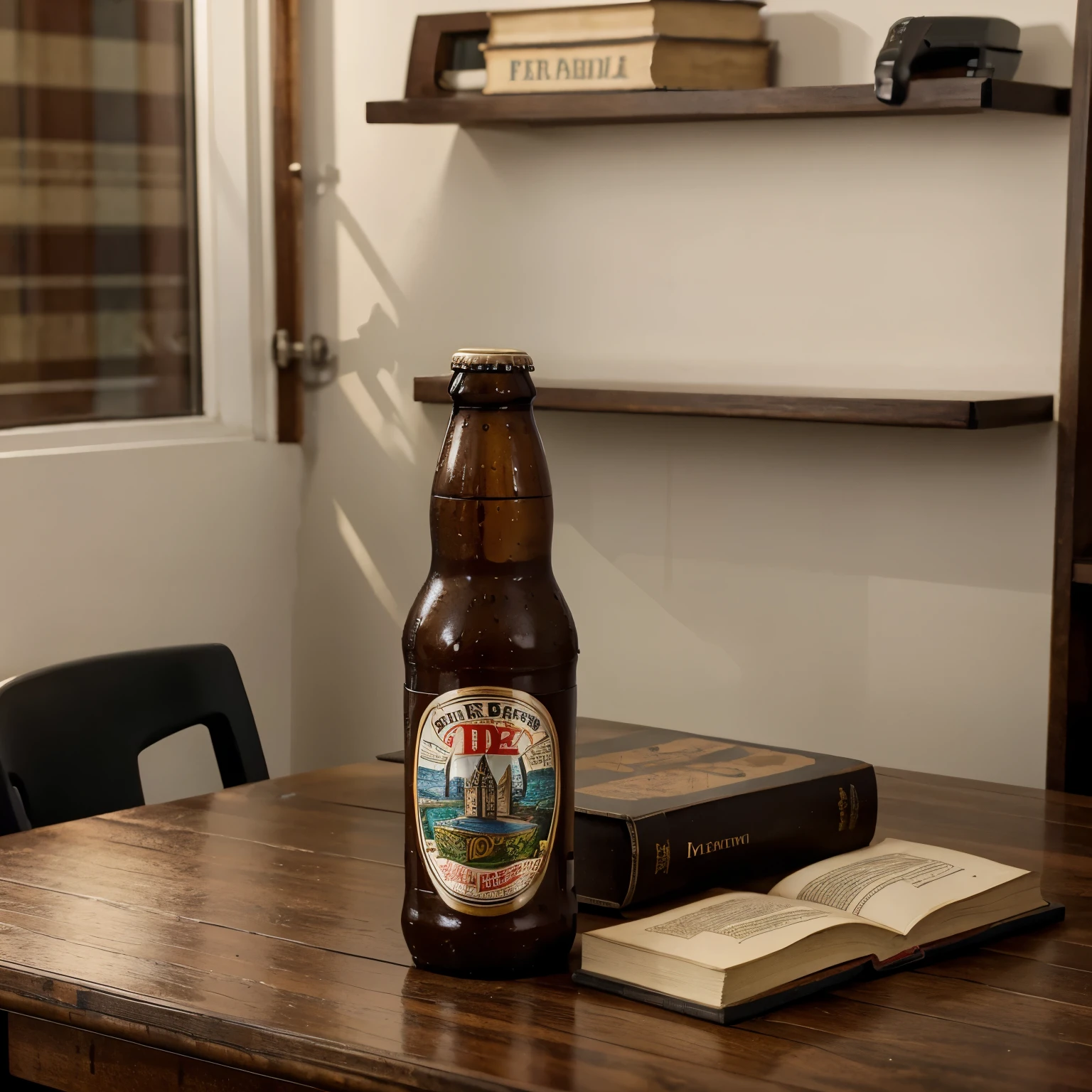 1beer bottle on a study table with books table , wrapped, packed