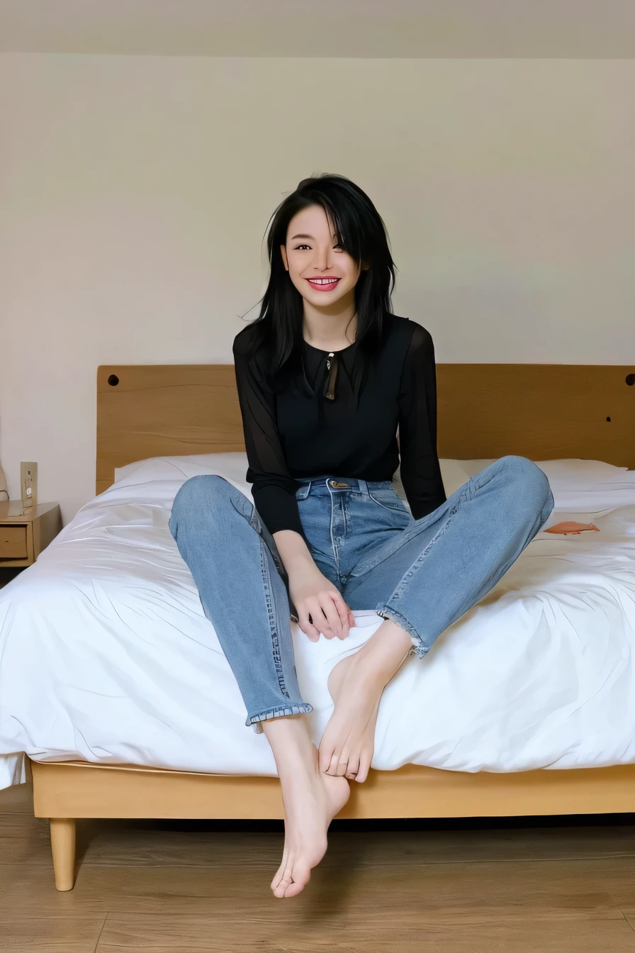 ((highest quality)), ((masterpiece)),  perfect face、A neat and beautiful woman sitting on the bed in the room、black hair、long sleeve blouse、skinny denim、barefoot、not wearing shoes、smile、smile showing teeth、ear piercing、looking at camera、full body photo、dig one&#39;s nails into one&#39;s toes、spread your legs