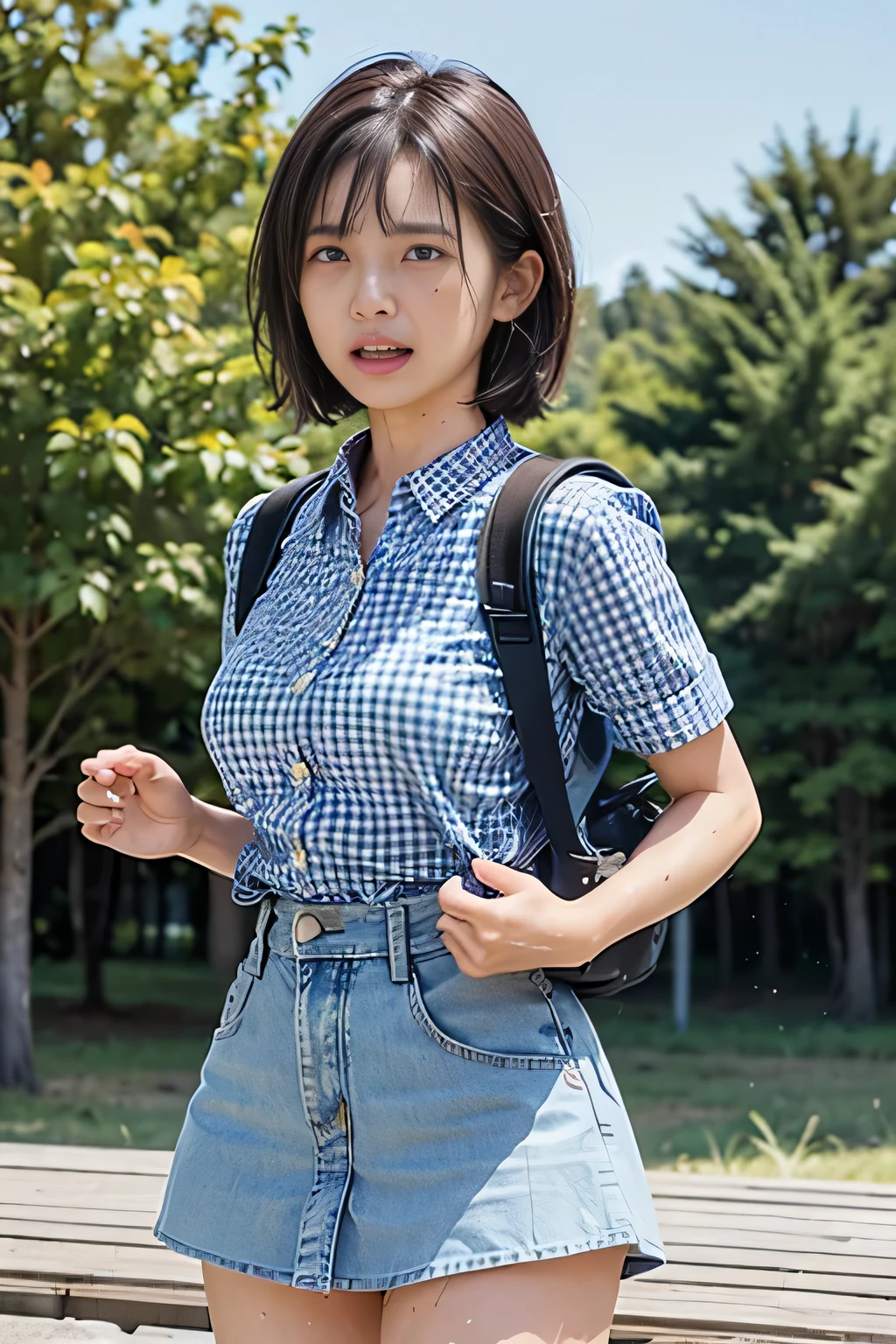(Nature landscape photography), (highest quality), table top:1.2, 超A high resolution, ((cowboy shot:1.4))、realistic:1.4, Raw photo, ((in the dark forest、wood々Light shines into the space:1.4)), (wide angle shot), ((Short-sleeved open-collar blue gingham check shirt:1.4)),(1 girl), (Photo from above the knees:1.3), (18-year-old), (Happy:1.2), (wet skin), (real skin), (girl with short cut hair, dark brown hair)、 ((Denim skirt that accentuates thighs:1.4)), ((carrying a big backpack:1.4)), (highly detailed face), (Super beautiful maid), (highly detailed eyes), (highly detailed nose), (super detailed mouth), (super precise arm), (Super detailed body), pan focus, look at the audience、smile:1.7、