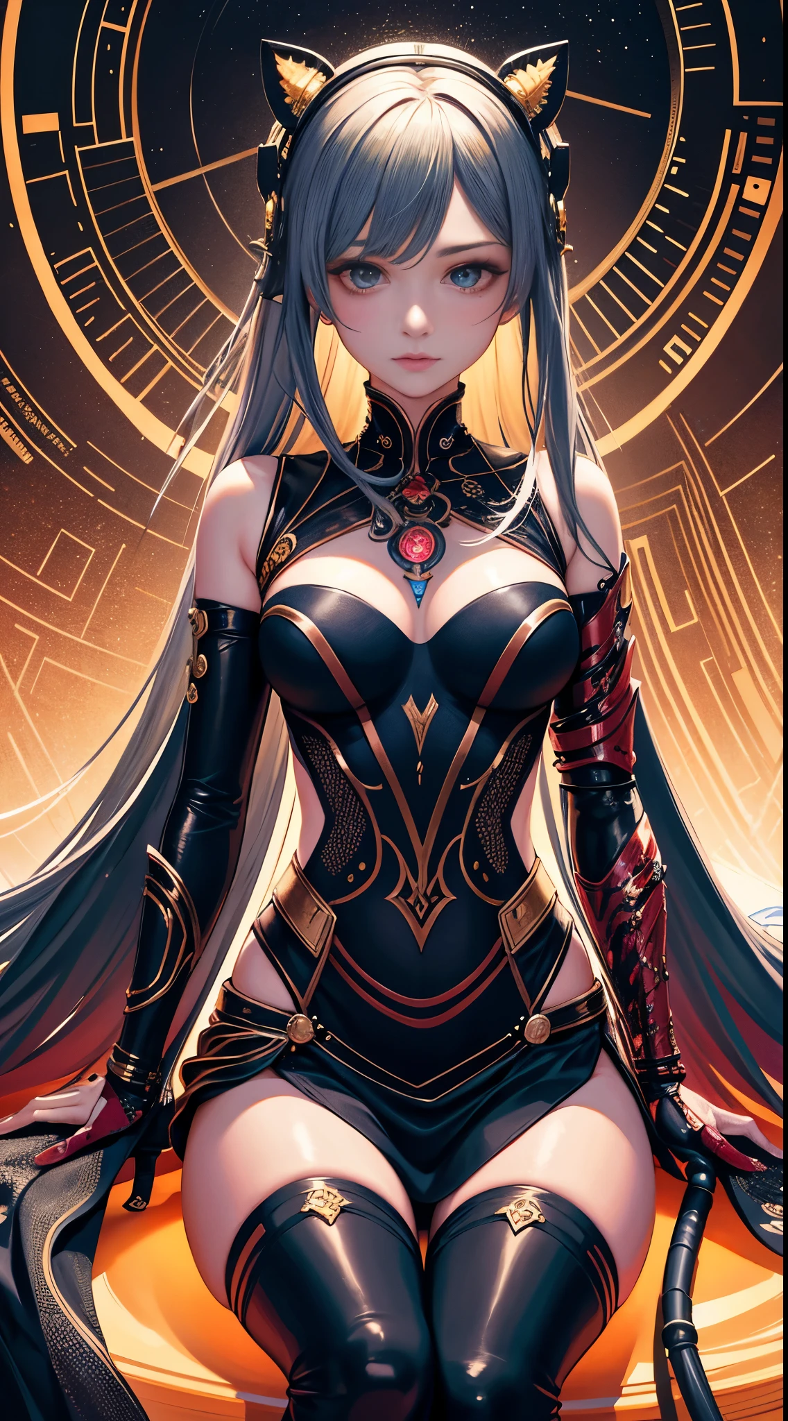 (master piece,highest quality,best quality,official art,Cosmetology and aesthetics:1.2),(1 girl),very detailed,(fractal art:1.3),very colorful,Most detailed 1 Machine girl,((surreal details)),sports late,global illumination,shadowing,Rendering with Octane,8k,super sharp,Metal,Complex,Decorations detailed,cool colors,egyptian details,非常にComplexディテール,realistic ray tracing,cgsociety trends,shining eyes of light,towards the camera,neon light details,mechanical limbs,blood vessels attached to tubeechanical vertebrae attached to the back,Mechanical cervical connection in the neck,sat down,Wires and cables connecting to the head