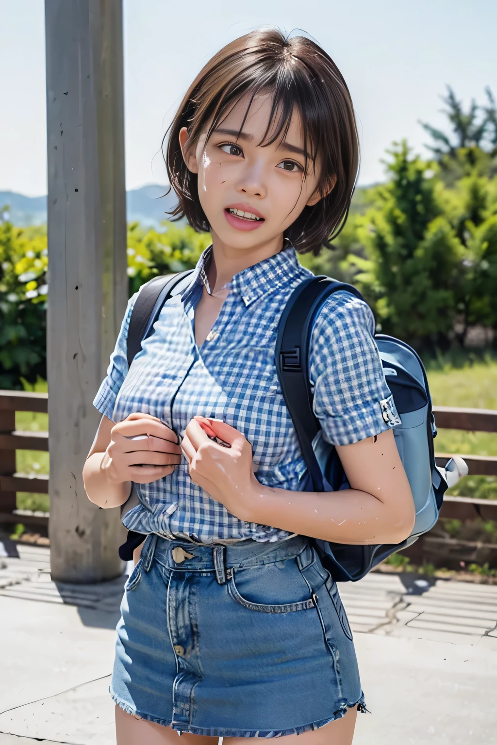 (natural landscape photography), (highest quality), table top:1.2, 超A high resolution, ((cowboy shot:1.4))、realistic:1.4, RAW photo, ((station platform:1.4)), (shot from below), ((Short sleeve open collar blue gingham check shirt:1.4)),(1 girl), (18-year-old), (Happy:1.2), (wet skin), (real skin), ((short cut hair, dark brown hair:1.5))、 ((Denim skirt that highlights your thighs:1.4)), ((carrying a big backpack:1.4)), (highly detailed face), (Super beautiful maid), (highly detailed eyes), (highly detailed nose), (super detailed mouth), (super precision arm), (ultra-definition body), pan focus, look at the audience、((crying girl:1.4))、