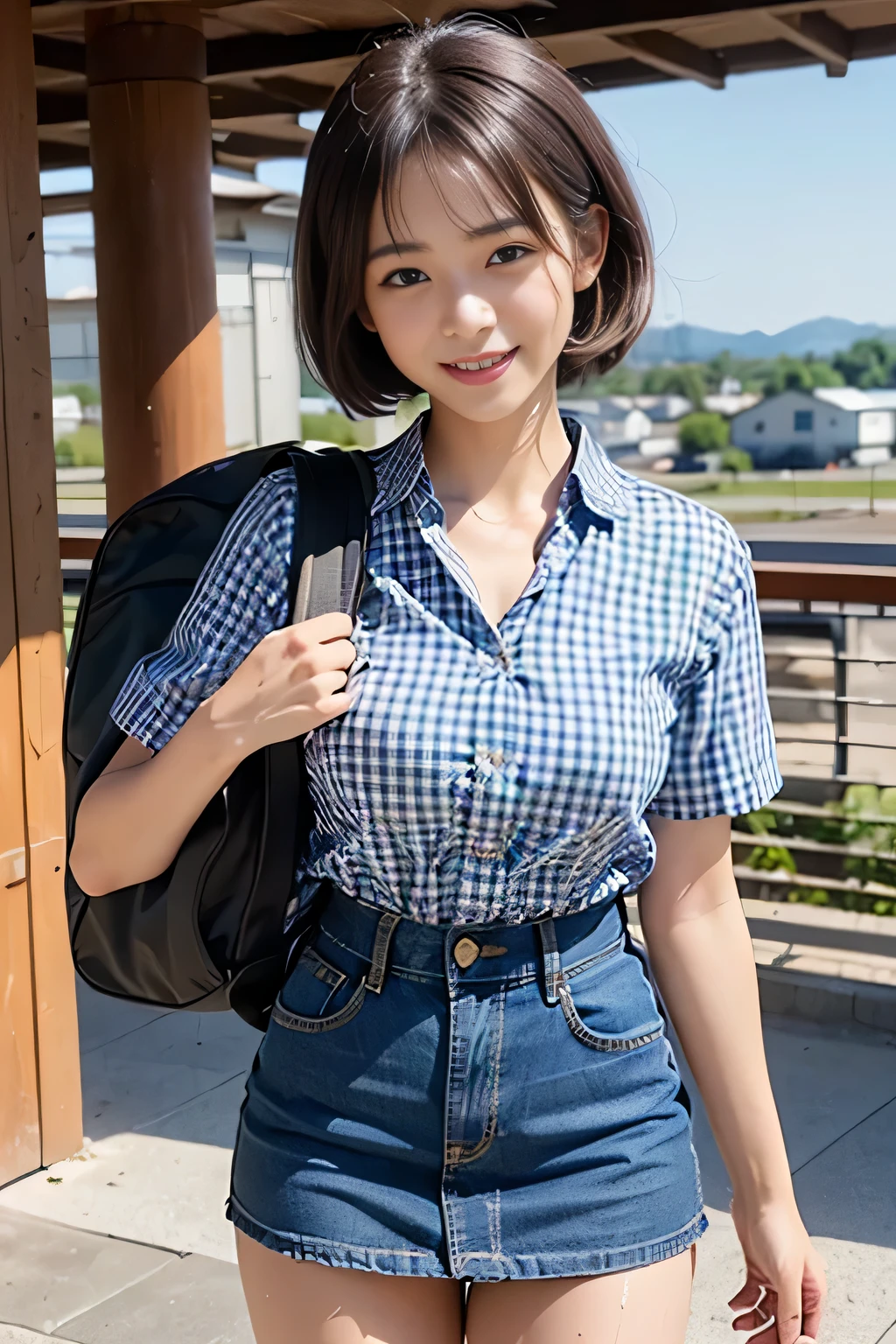(natural landscape photography), (highest quality), table top:1.2, 超A high resolution, ((cowboy shot:1.4))、realistic:1.4, RAW photo, ((Shinkansen Home:1.4)), (shot from below), ((Short sleeve open collar blue gingham check shirt:1.4)),(1 girl), (18-year-old), (Happy:1.2), (wet skin), (real skin), ((short cut hair, dark brown hair:1.5))、 ((Denim skirt that highlights your thighs:1.4)), ((carrying a big backpack:1.4)), (highly detailed face), (Super beautiful maid), (highly detailed eyes), (highly detailed nose), (super detailed mouth), (super precision arm), (ultra-definition body), pan focus, look at the audience、((smiling girl:1.4))、