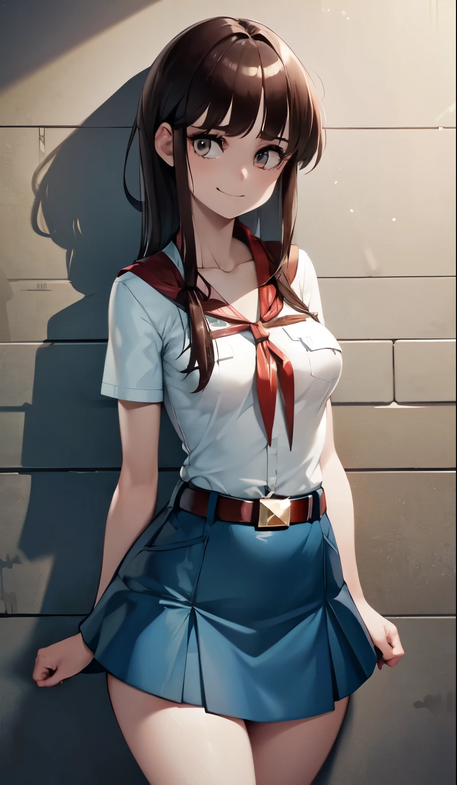 very young slim fit girl, pioneer neckerchief, very short blue skirt, bangs, collarbone, tight white shirt, bursting breast, short sleeves, collared shirt, belt, red neckerchief, full height, rounded face, very long disheveled dark brown hair, big brown eyes, sluty smile, perfect flat breast, parororo