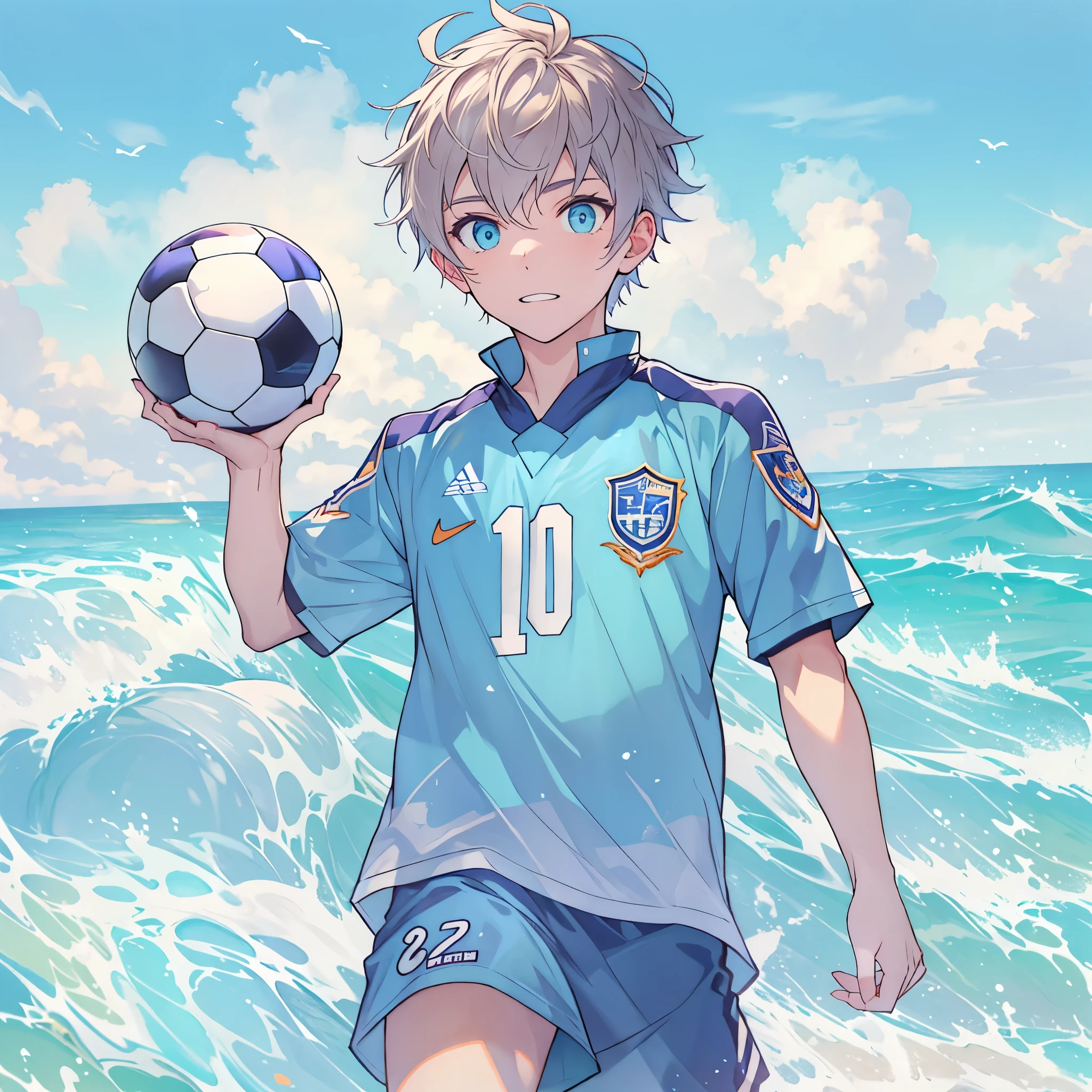 1boy, masculino, soccer uniform , aquamarine eyes, over the ocean