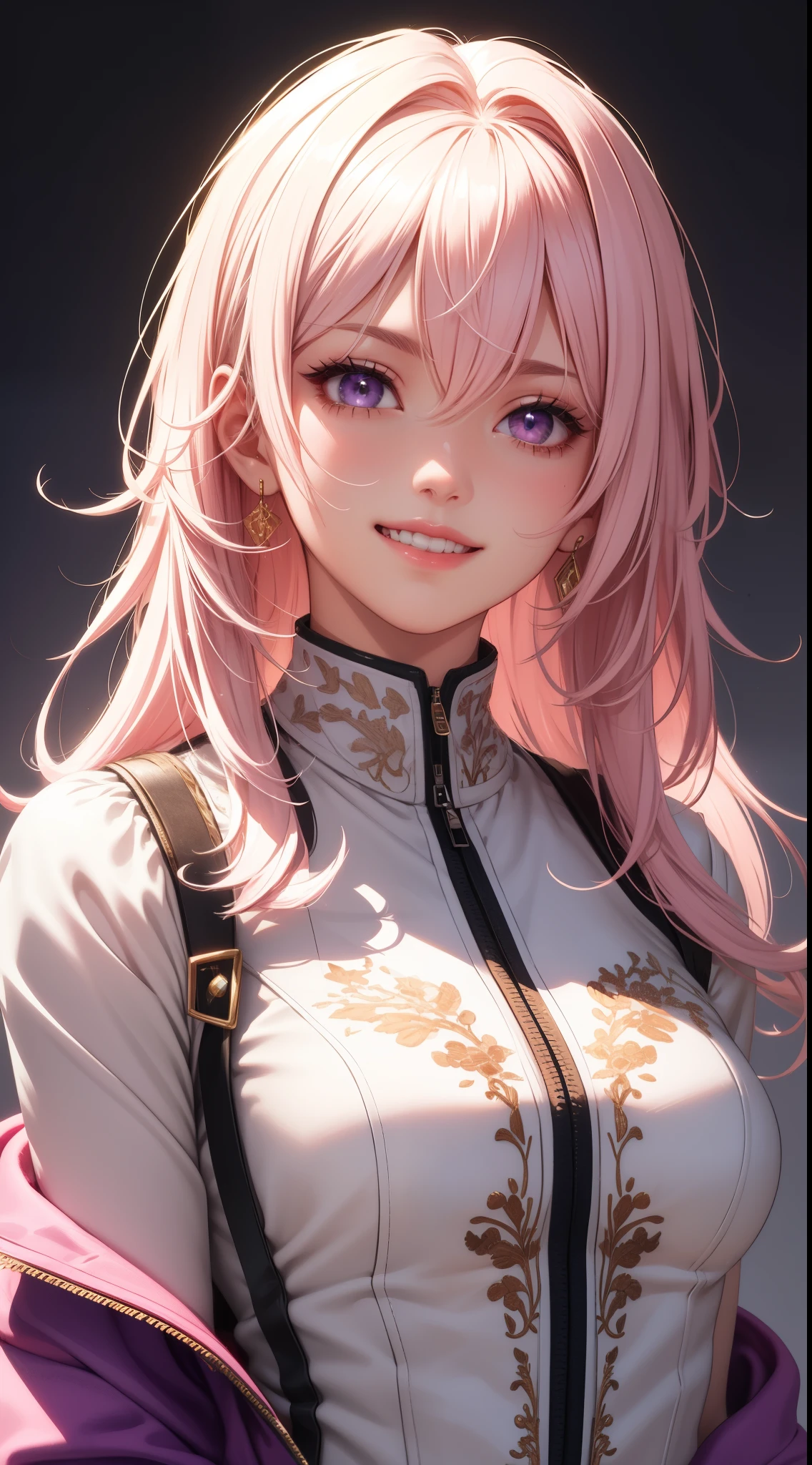 (masterpiece, highest quality), intricate details, thin, ((slim)), beautiful girl, light pink hair, white skin, light purple eyes, sharp jaw line, cropped jacket, messy hair, lips, Upper body, close, grin