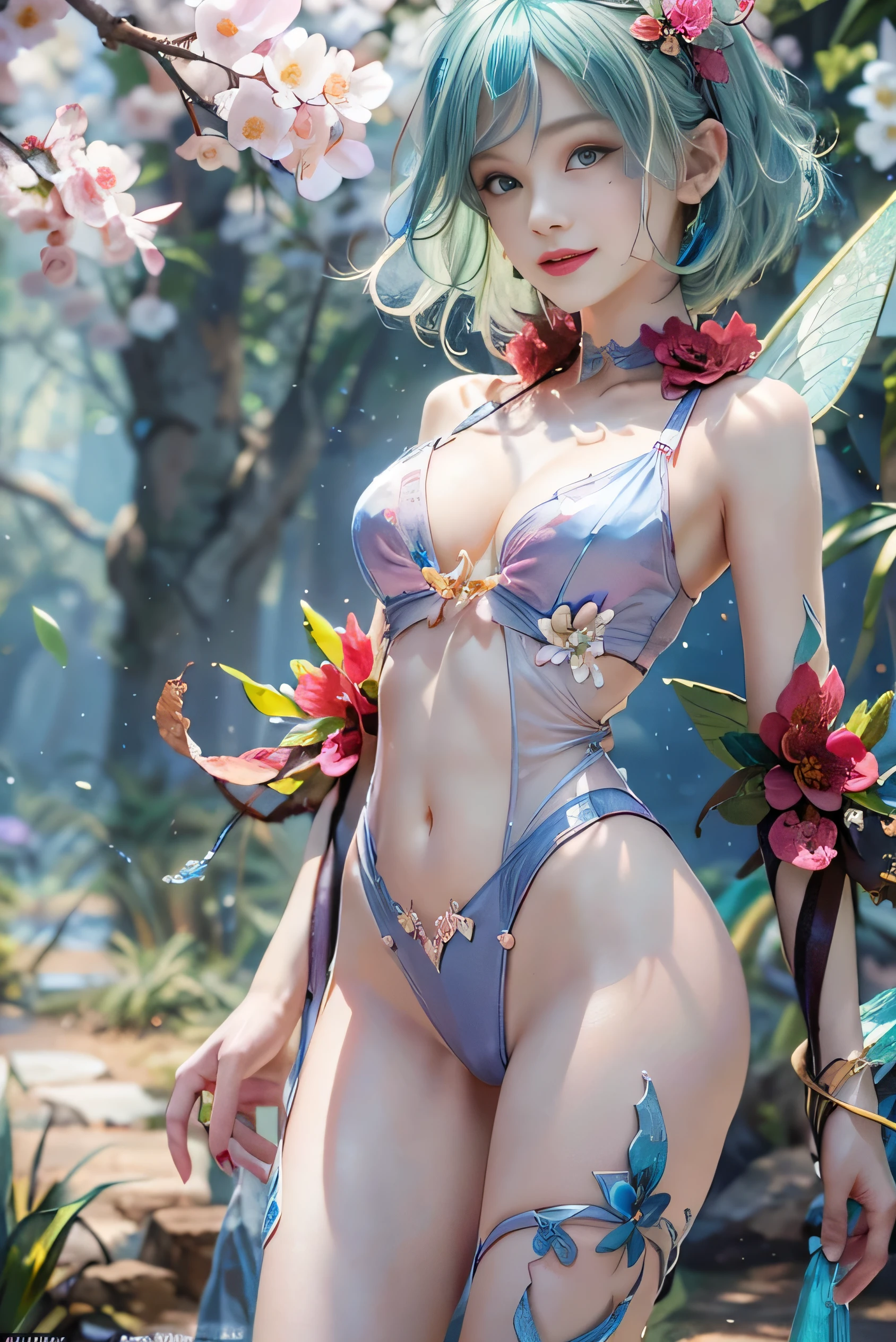 (photorealistic:1.8, highest quality:1.8,8K masterpiece:1.8,High resolution,muste piece:1.8,RAW Photos,cinematic lighting,red and purple dream colors),fantasy world,23 year old woman,(white leotard,choker,Cleavage cut,beautiful butt),blue eyes,beautiful and detailed blue eyes:1.7,double eyelid:1.6,beautiful skin:1.8, (looking at the camera:1.5),(photo seen from behind:1.4),( short Hair:1.2,Beautiful shining blue lime hair:1.5), expression(Impish Smile:1.3,face turns red:1.3),(Moderate chest:1.3), transparent nipples,Pause(Seductive pose:1.5),buttocks emphasis,background(spring scenery,Fairy forest with blooming flowers),(detailed perfect face),anatomically correct,normal hands:1.5,normal finger:1:5,normal feet:1.5,Best ratio 4 fingers and 1 thumb,(cameltoe),No split screen