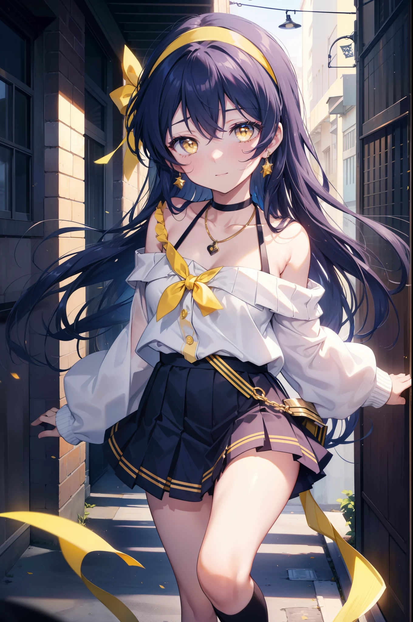 Kamisonoda, Umi Sonoda, long hair, blue hair, (yellow eyes:1.5) (flat chest:1.2),white ribbon headband,smile,blue off shoulder sweater,bare neck bare clavicle,bare shoulders,black mini skirt,white knee high socks,short boots,morning,morning日,University生,heart shaped necklace,
break looking at viewer,
break outdoors, University school building,
break (masterpiece:1.2), highest quality, High resolution, unity 8k wallpaper, (figure:0.8), (detailed and beautiful eyes:1.6), highly detailed face, perfect lighting, Very detailed CG, (perfect hands, perfect anatomy),
