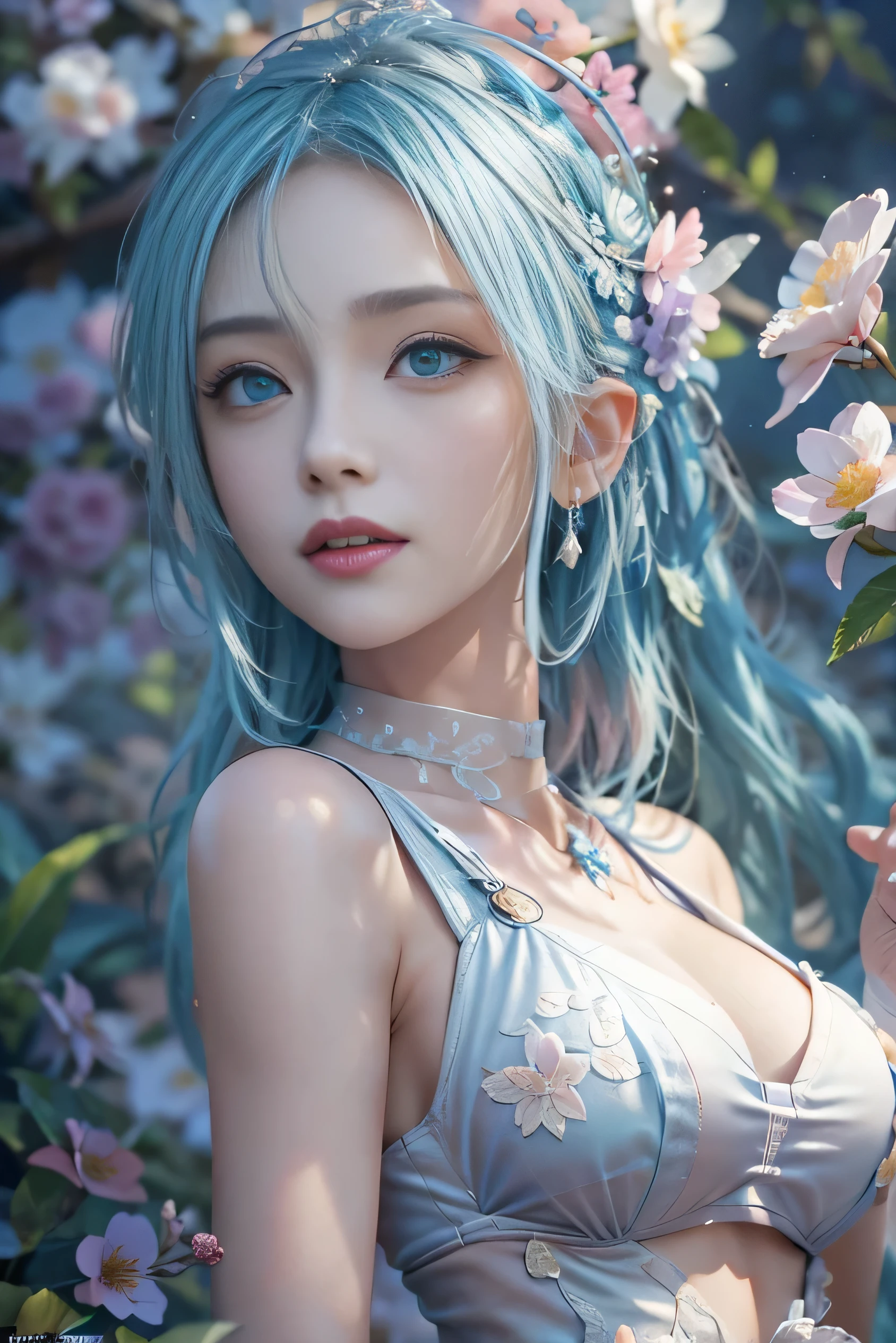 (photorealistic:1.8, highest quality:1.8,8K masterpiece:1.8,High resolution,muste piece:1.8,RAW Photos,cinematic lighting,red and purple dream colors),fantasy world,Fairy 15cm tall,(white bodysuit,choker,knee high socks,Cleavage cut,beautiful butt),blue eyes,beautiful and detailed blue eyes:1.7,double eyelid:1.6,beautiful skin:1.8, (looking at the camera:1.5),(photo seen from behind:1.4),( midium Hair:1.2,Beautiful shining blue lime hair:1.5), expression(Impish Smile:1.3,face turns red:1.3),(Moderate chest:1.3), transparent nipples,Pause(Seductive pose:1.5),buttocks emphasis,background(spring scenery,Fairy forest with blooming flowers),(detailed perfect face),anatomically correct,normal hands:1.5,normal finger:1:5,normal feet:1.5,Best ratio 4 fingers and 1 thumb,(cameltoe),No split screen