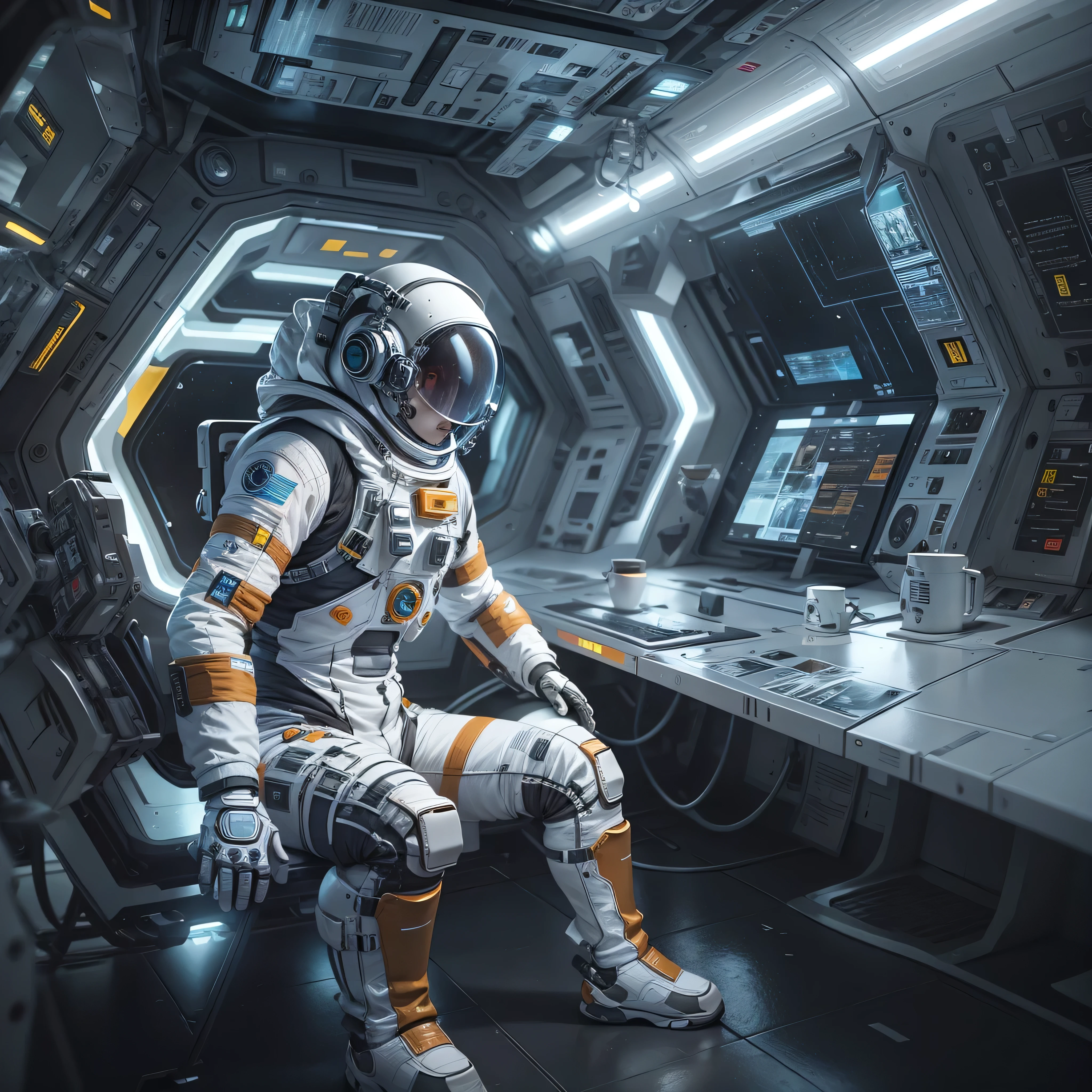 An artificial intelligence robot astronaut, in a spacestation, and the robot is a space robot, photo-realistic, octane render, unreal engine, ultra-realistic