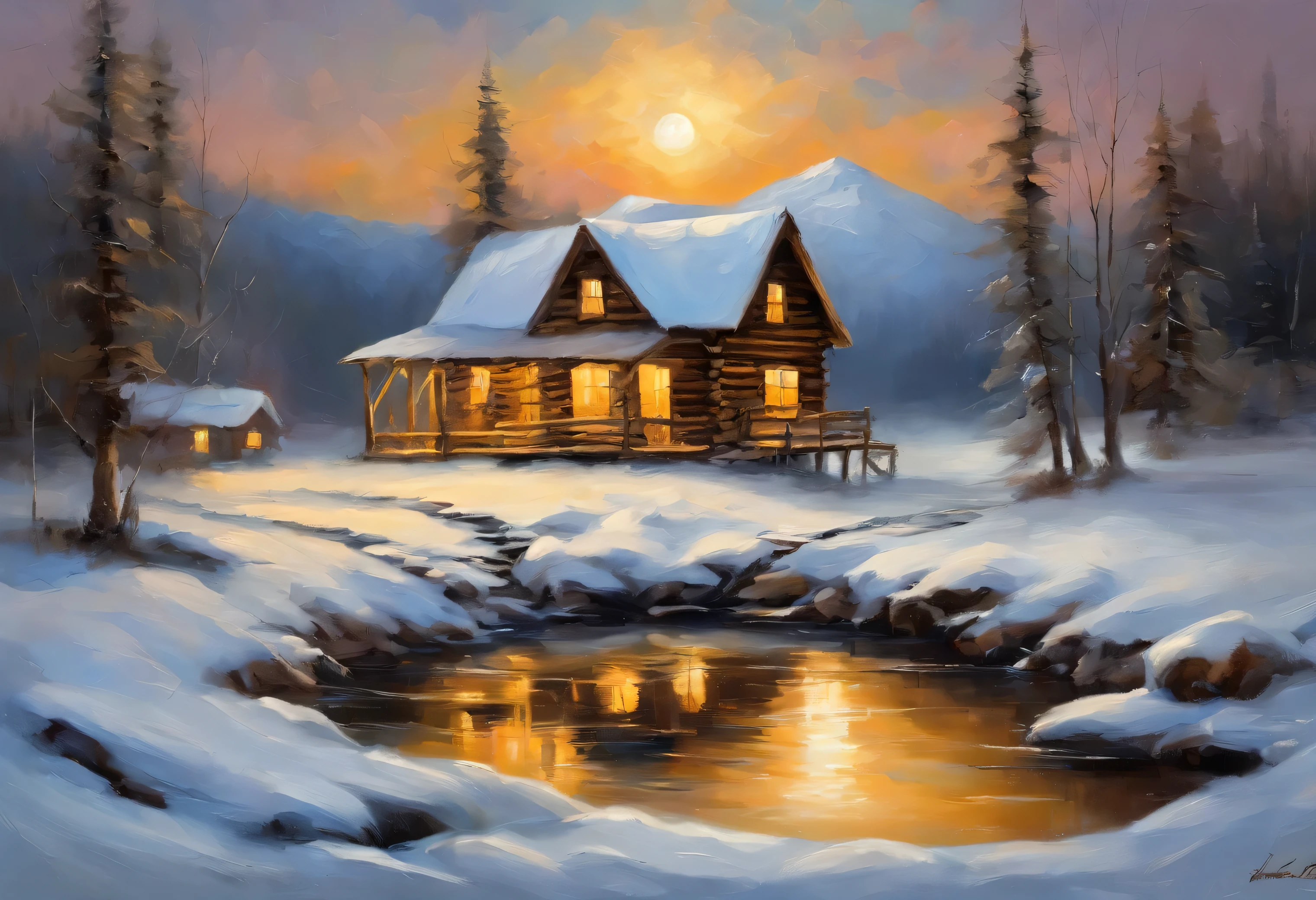 An old cabin by the stream in winter, bridge, water in the foreground, huge moon and moonlight, perfect reflections, mountain peaks in the background, only gray and beige white and blue colors, inspired by Thomas Kinkade