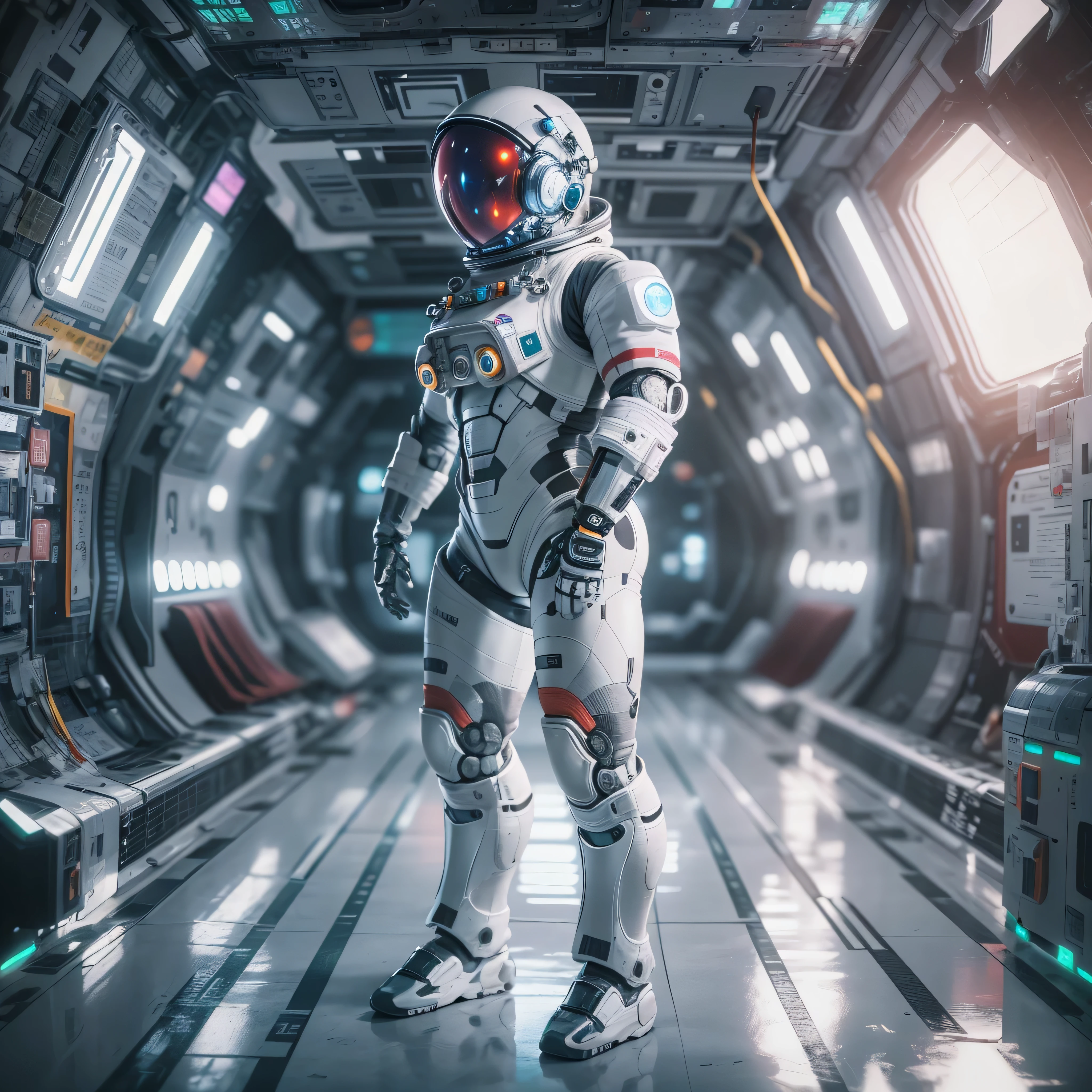 An artificial intelligence robot astronaut, in a spacestation, and the robot is a space robot, photo-realistic, octane render, unreal engine, ultra-realistic
