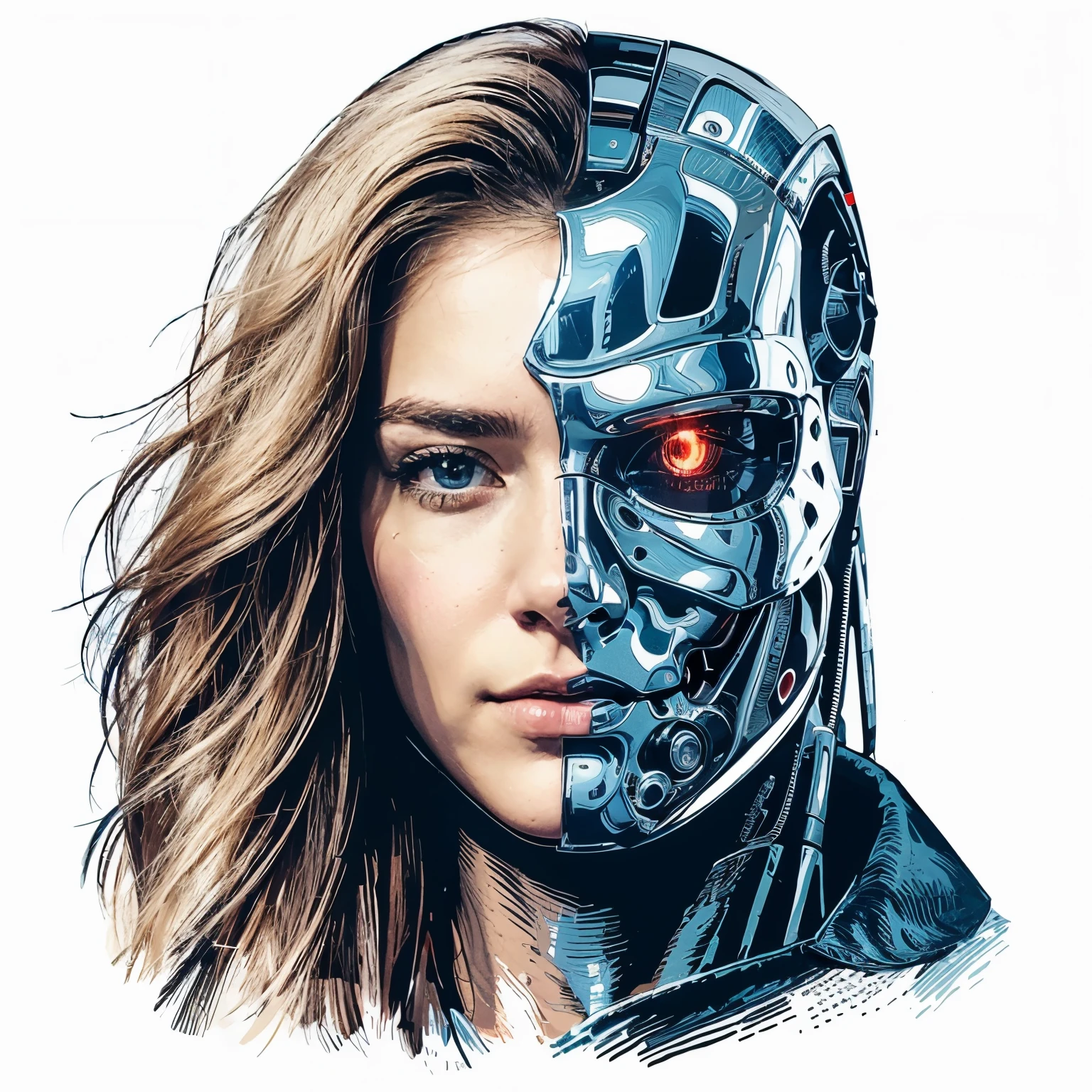 portrait d'un terminateur féminin, la moitié de son visage est un robot et l'autre moitié est humaine, Beautiful work of art, Cinematic, art vectoriel 2D, fond blanc, pour la conception de T-shirts, avec le texte : "TERMINATOR" dans de belles polices. Tendance de polices pour le texte