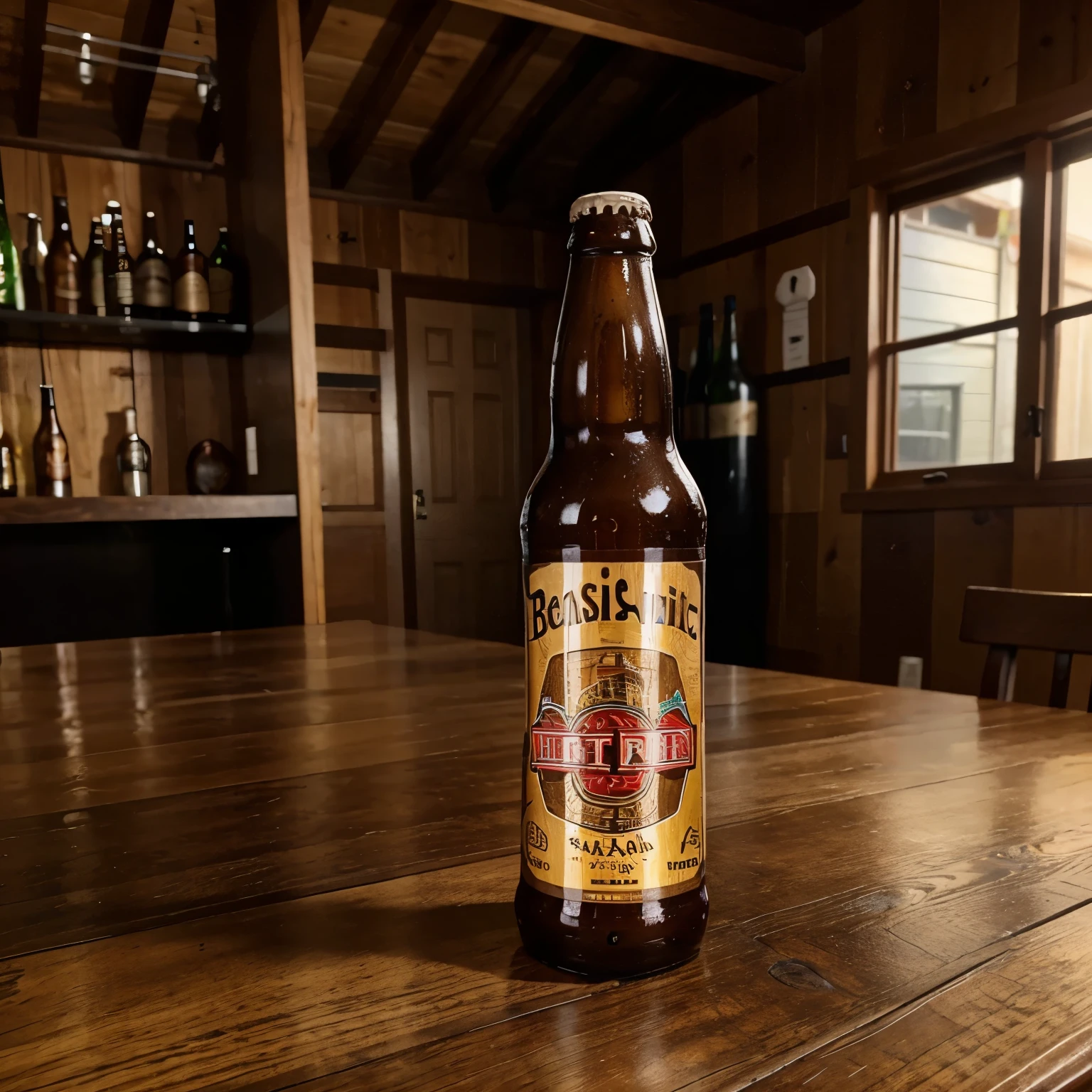 1 beer bottle on the wooden table, house , beer bottle wrapped, packed 