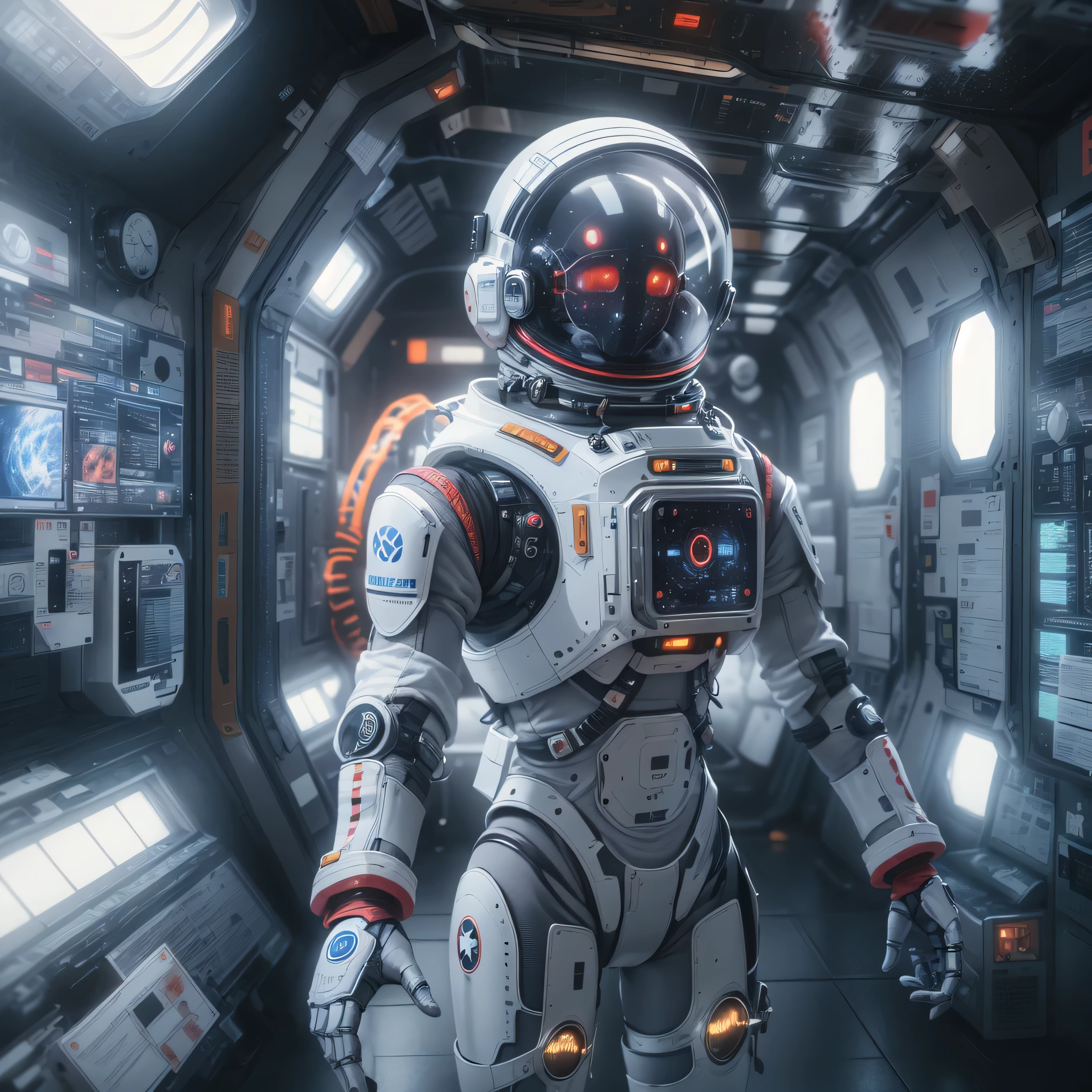 An artificial intelligence robot astronaut, in a spacestation, and the robot is a space robot, photo-realistic, octane render, unreal engine, ultra-realistic