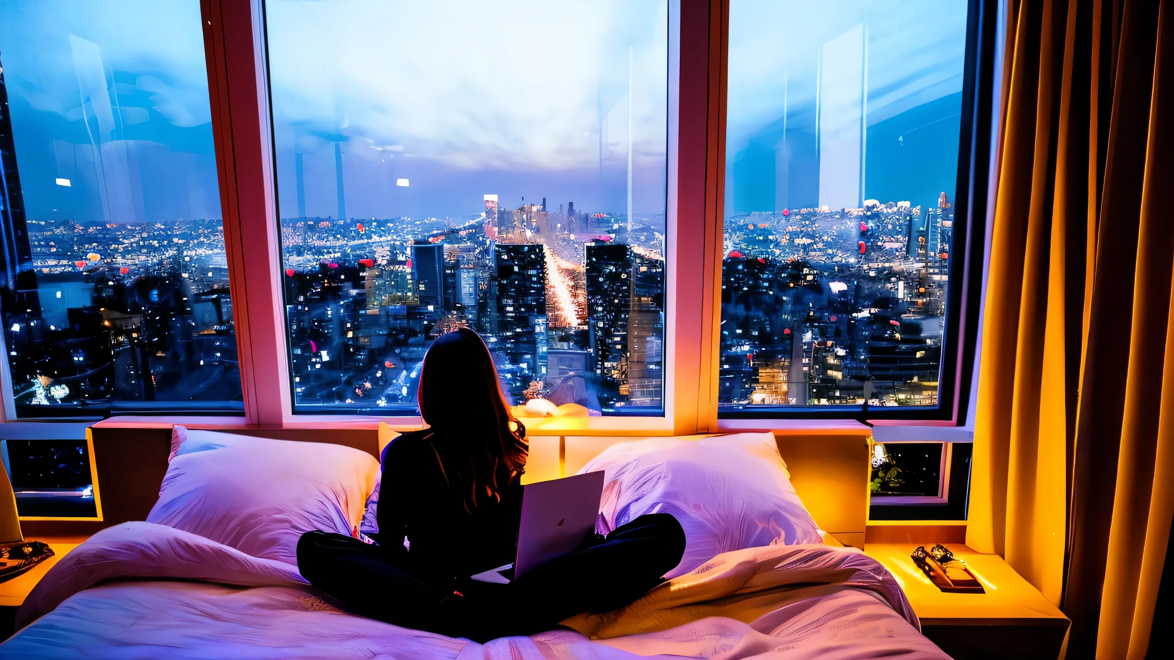 a Beautiful girl with black pajamas in Luxury Bedroom night city view from a large window, looking at the window