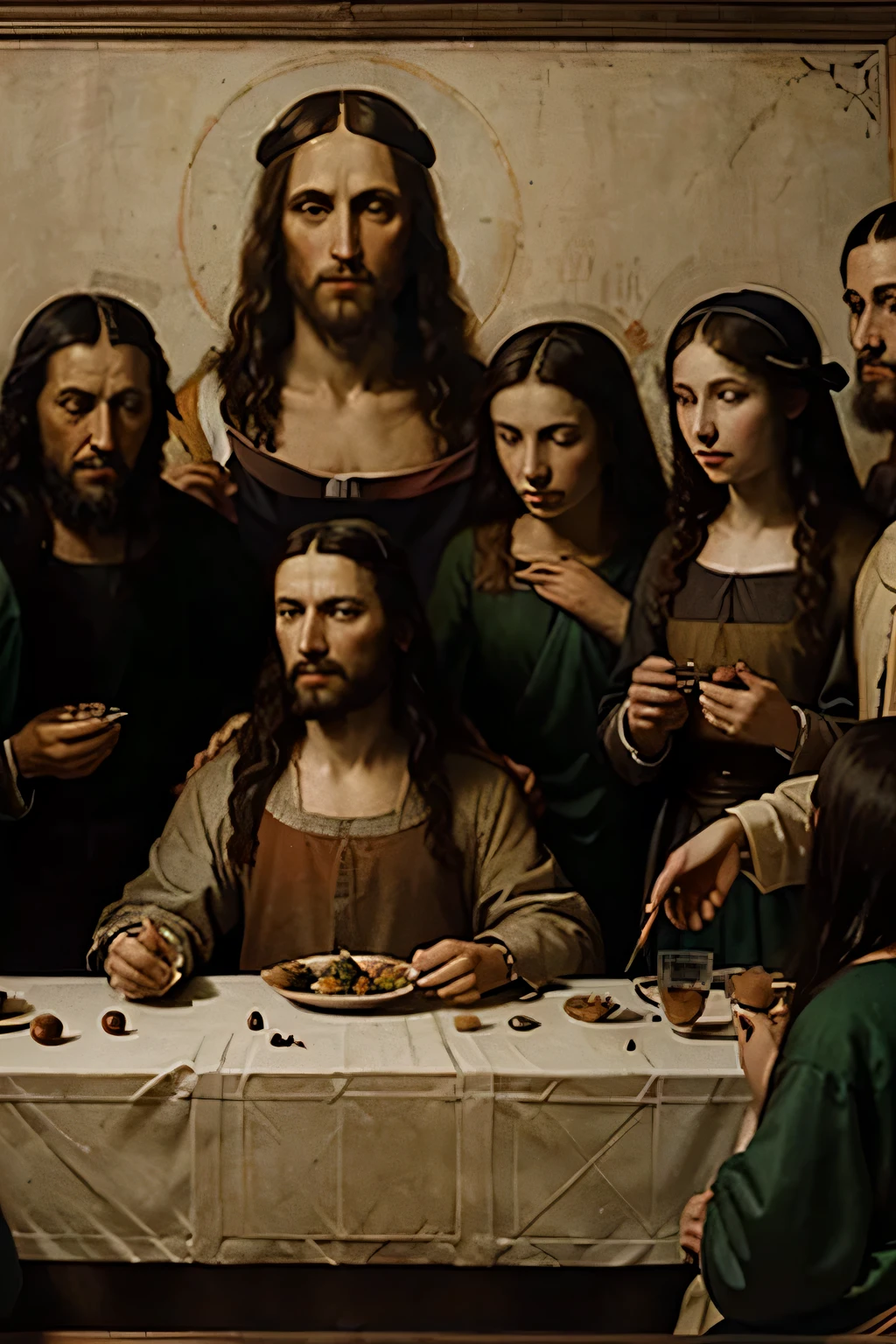 A Renaissance painting of The last Supper from the Jesus Christ point of view, in front is the painter Leonardo da Vinci