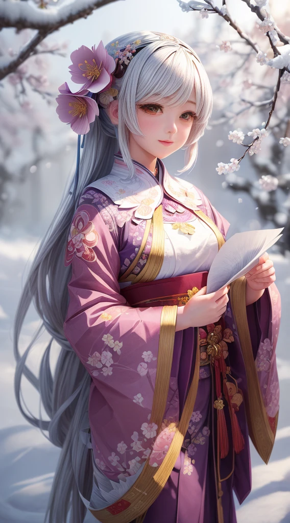 (illustration: 1.3), (paper art: 1.4) 3D render, (cute female :1.3), (Representative work plum blossoms:1.2), (Masterpiece snow:1.2) , Colorful, Best quality, Detailed details, Masterpiece, offcial art, movie light effect, 4K, Chiaroscuro, Flash