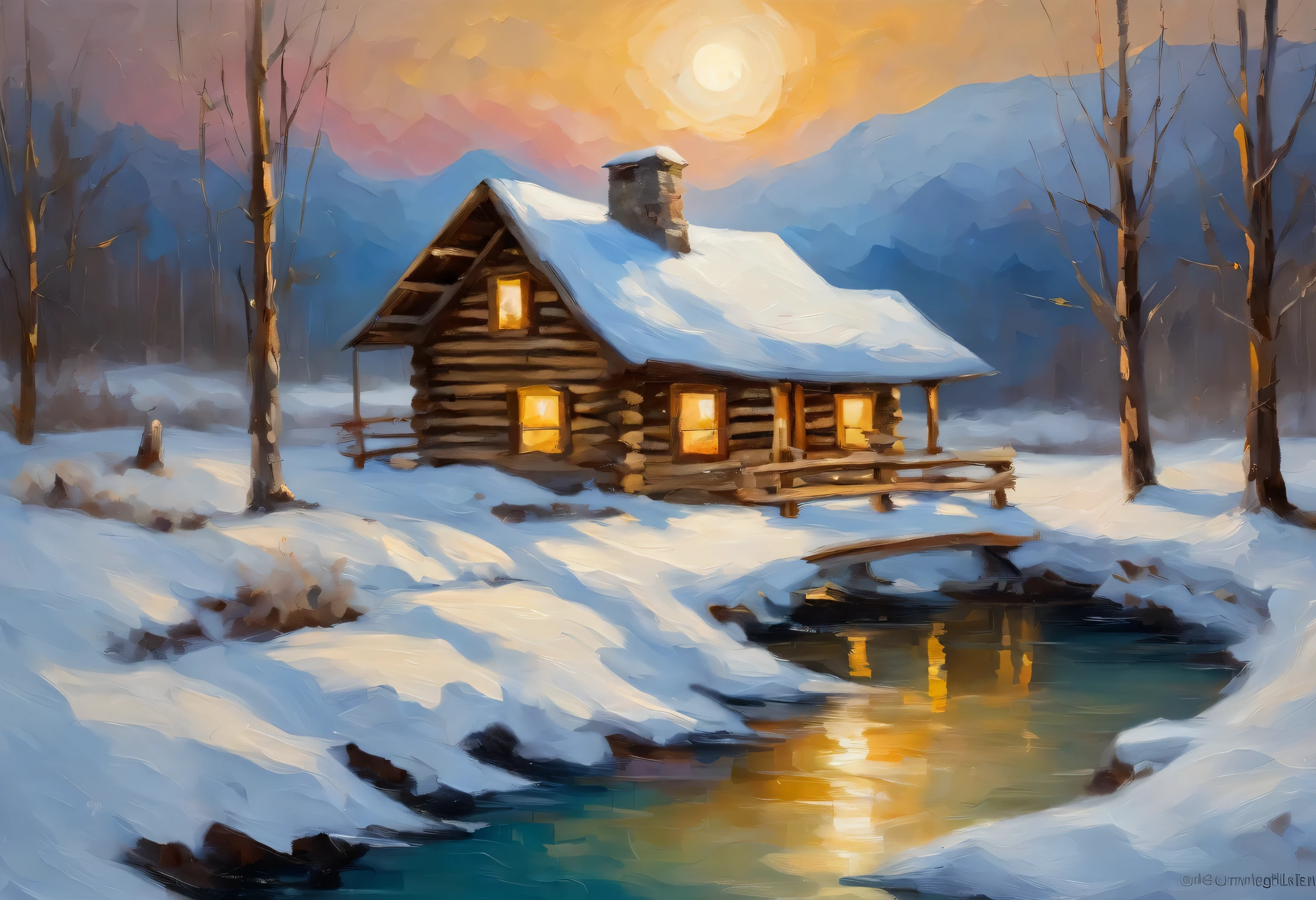 An old cabin by the stream in winter, bridge, water in the foreground, huge moon and moonlight, perfect reflections, mountain peaks in the background, only gray and beige white and blue colors, inspired by Thomas Kinkade