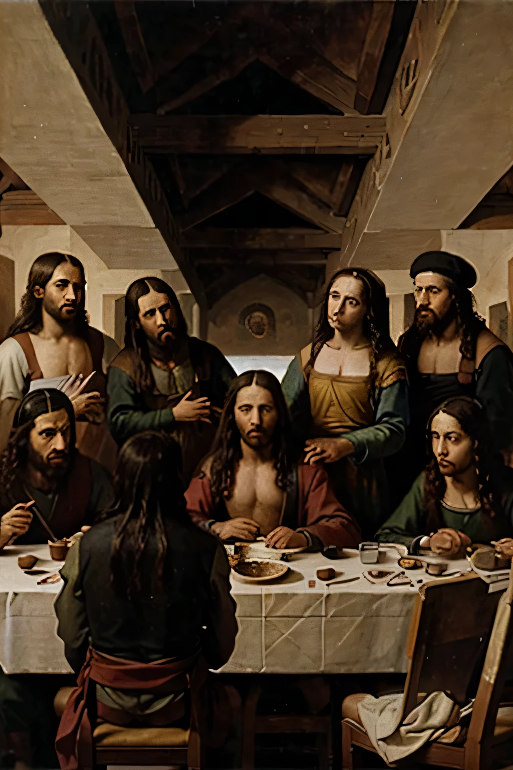 A Renaissance painting of The last Supper from the Jesus Christ point of view, in front is the painter Leonardo da Vinci