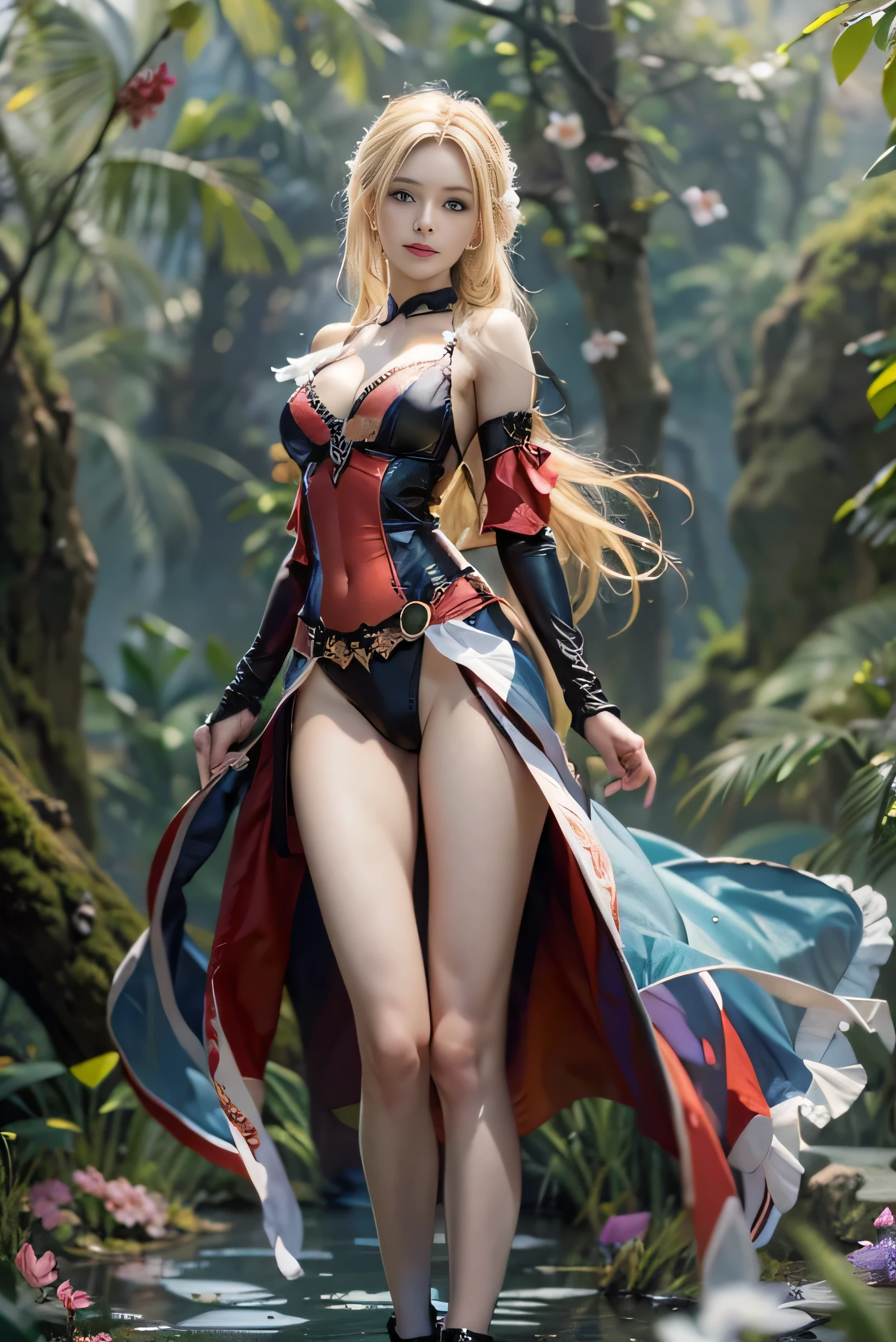 (photorealistic:1.8, highest quality:1.8,8K masterpiece:1.8,High resolution,muste piece:1.8,RAW Photos,cinematic lighting,red and purple dream colors),fantasy world,sexy solo succubus,(latex bodysuit,choker,knee high socks,Cleavage cut,beautiful butt),beautiful detailed blue eyes:1.7,double eyelid:1.6,beautiful skin:1.8, (looking at the camera:1.5),(photo seen from behind:1.4),( midium Hair:1.2,beautiful shining blonde hair:1.5), expression(Impish Smile:1.3,face turns red:1.3),(Moderate chest:1.3), transparent nipples,Pause(Turn around,Seductive pose:1.5),buttocks emphasis,background(spring scenery,A bright and shining fantasy forest with blooming flowers),(detailed perfect face),anatomically correct,normal hands:1.5,normal finger:1:5,normal feet:1.5,Best ratio 4 fingers and 1 thumb,(cameltoe),No split screen