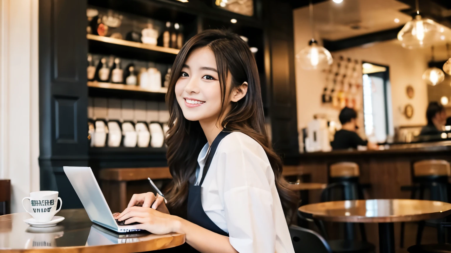 ((最high quality, 8k, masterpiece: 1.3)), perfect face,Inside a stylish cafe in New York、A scene in which a beautiful model-like woman is drinking a latte and studying on a laptop.,All around you, you can see other customers enjoying their time.。At the back of the cafe、The staff are busy working at the counter.、You can feel the liveliness and stylish luxury that is typical of a city cafe., sharp focus, 1 girl, Sexy 1.2, , (big: 1.5), fine eyes, Beautiful eyes with long slits, double eyelid, (cat face), (cute Face), cute Smile, (close your mouth), (cute), soft skin, Show the whole body, surreal, super detailed, high quality, (Beautiful female college student studying in a cafe), ((詳細な非常にcute女子大生)), ((胸は隠れているけど服の上から解るぐらいbig胸)),A look that looks at your boyfriend