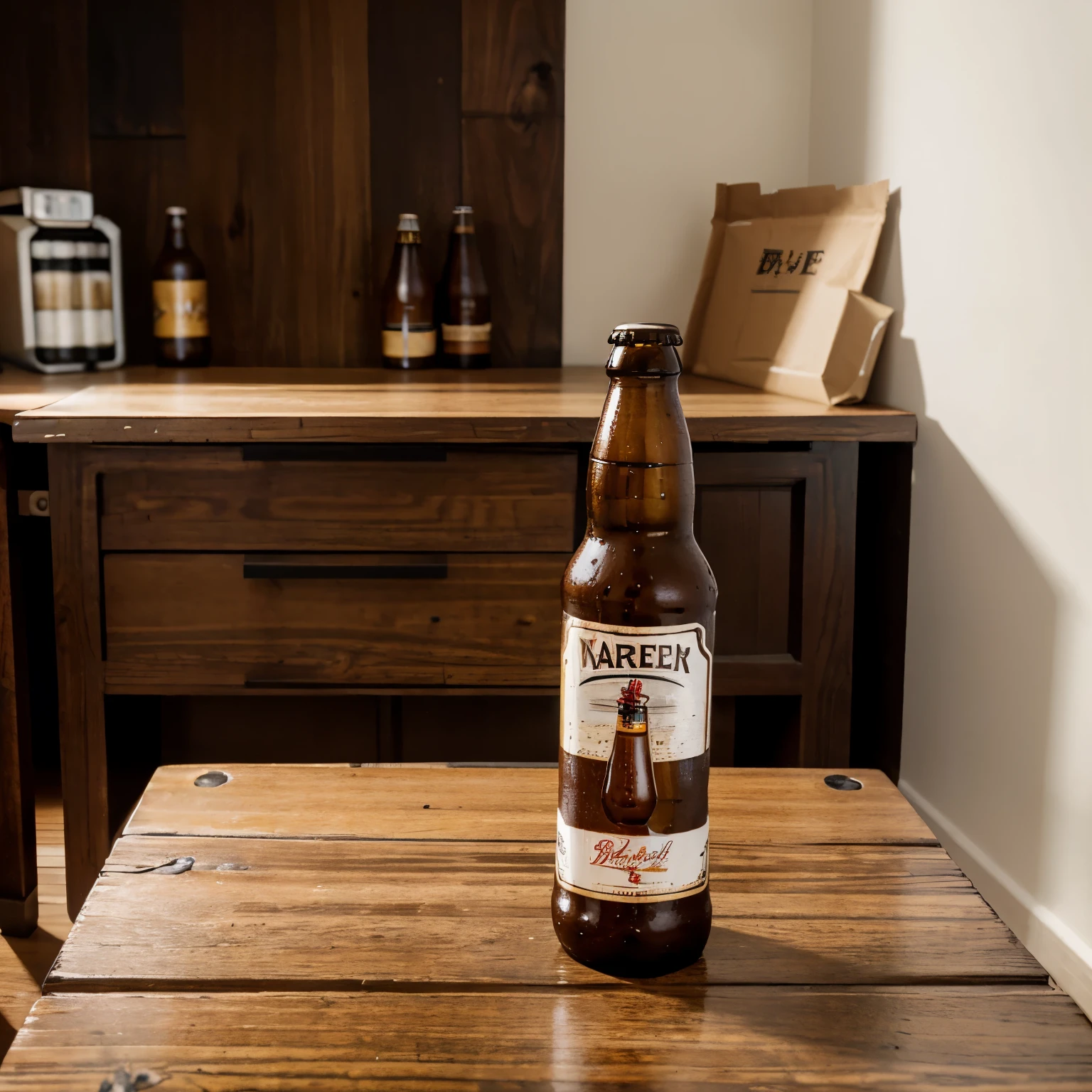 1 beer bottle on the wooden table drawer, white wall house , beer bottle wrapped, packed