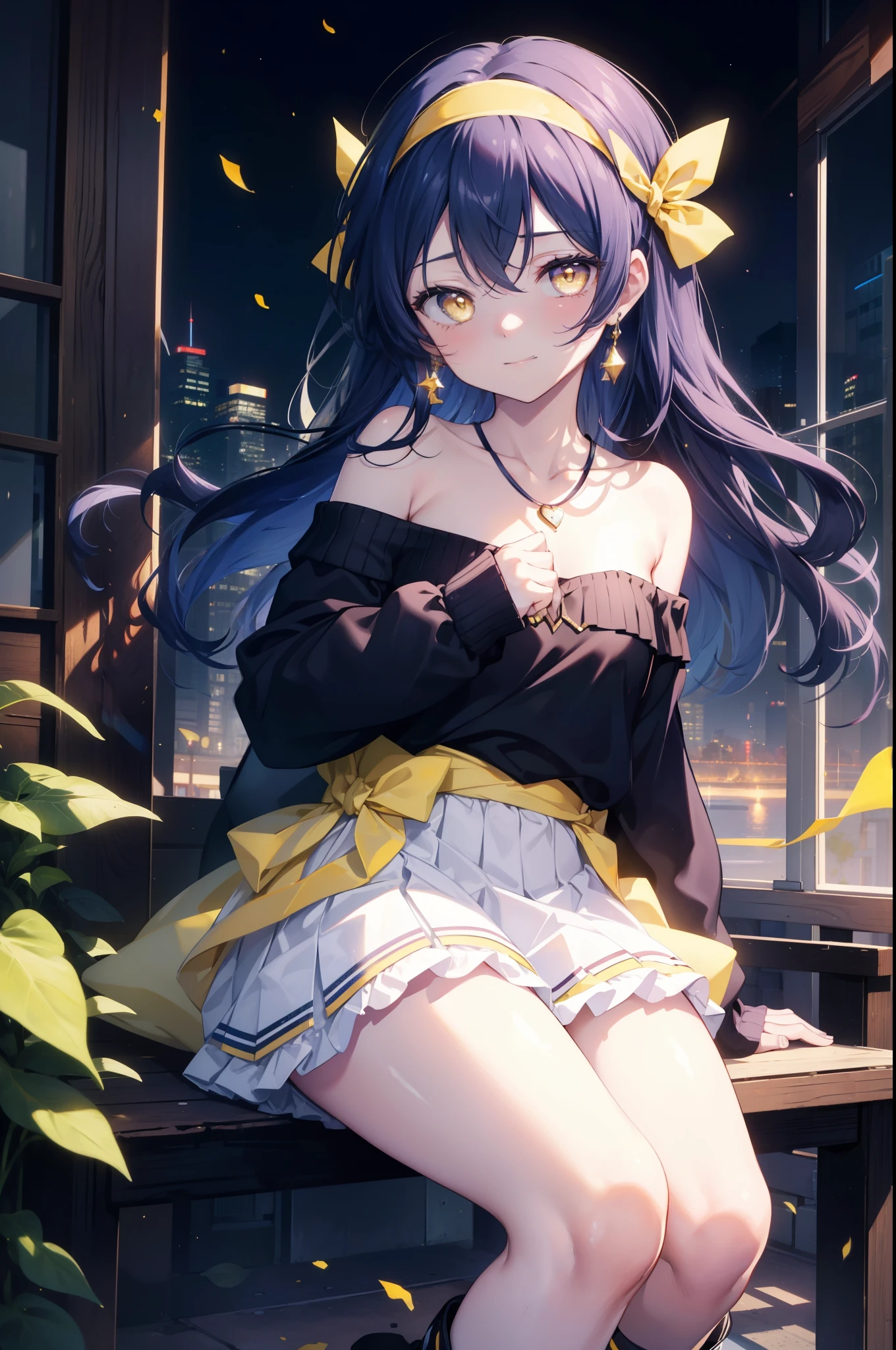 Kamisonoda, Umi Sonoda, long hair, blue hair, (yellow eyes:1.5) (flat chest:1.2),white ribbon headband,smile,blue off shoulder sweater,bare neck bare clavicle,bare shoulders,black mini skirt,White pantyhose,short boots,morning,morning日,University生,heart shaped necklace,
break looking at viewer,
break outdoors, University　school building,
break (masterpiece:1.2), highest quality, High resolution, unity 8k wallpaper, (figure:0.8), (detailed and beautiful eyes:1.6), highly detailed face, perfect lighting, Very detailed CG, (perfect hands, perfect anatomy),