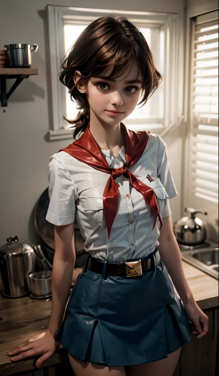 very young slim fit girl, pioneer neckerchief, very short blue skirt, bangs, collarbone, tight white shirt, bursting breast, short sleeves, collared shirt, belt, red neckerchief, full height, rounded face, very long disheveled dark brown hair, big brown eyes, sluty smile, perfect flat breast, parororo