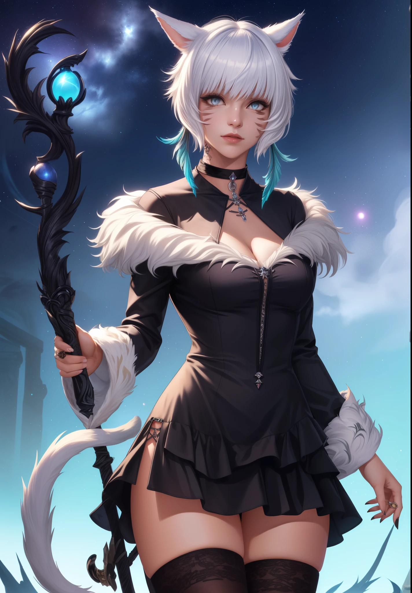 (masterpiece, high quality:1.1), y'shtola, miqo'te, cinematic lighting, extremely detailed, Matoya, hair ornament, feather hair ornament, choker, black choker, brooch, dress, long dress, black dress, fur-trimmed dress, fur trim, backless outfit, cleavage, long sleeves, wide sleeves, gloves, black gloves, fingerless gloves, partially fingerless gloves, ring, claw ring, y'shtola, y'shtola rhul, miqo'te, cat girl, grey hair, short hair, bangs, animal ears, cat ears, grey eyes, slit pupils, lips, facial mark, whisker markings, tattoo, neck tattoo, tail, cat tail,