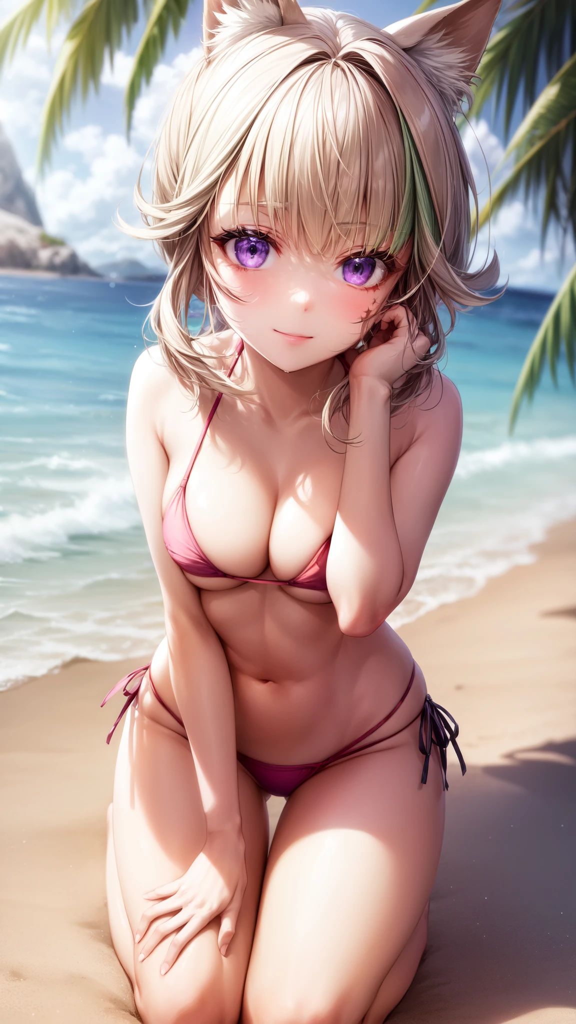 anime, beautiful face, highly detailed face, 2 accurate legs, purple detailed eyes, highly detailed beach background, perfect lighting, best lighting, 1girl, solo, lynette, genshin impact, outdoors, on the beach, beautiful sliver hair, animal ears, (star on face:1.2), absurdres, high res, ultrasharp, 8K, masterpiece, (naked:1.2), (looking at viewer:1.2), (teasing smile:1.2), BREAK (detailed sexy lace beach bikini:1.5), (sexy pose1.2), (kneeling down:1.2), close up, (hands behind head:1.25)