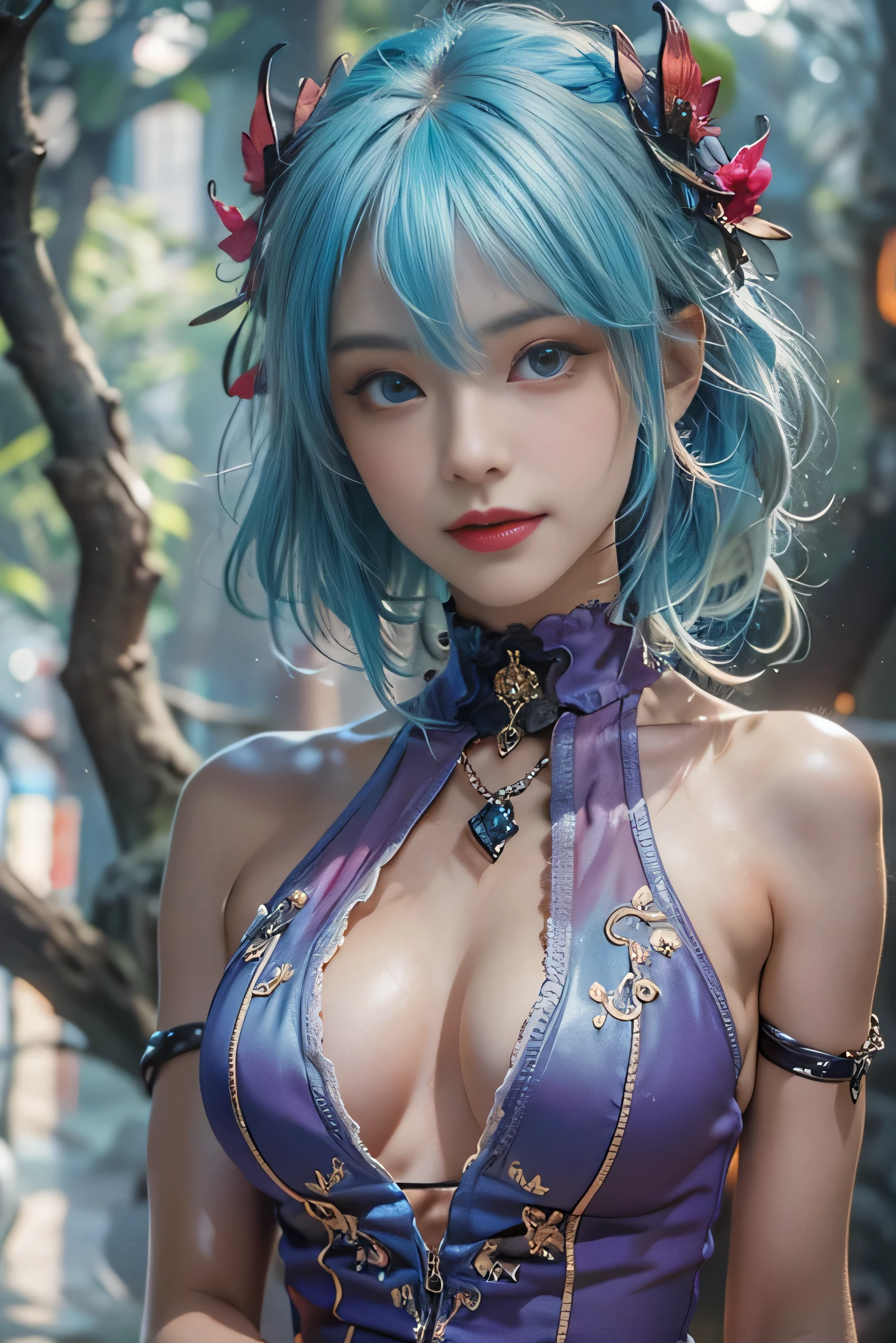 (photorealistic:1.8, highest quality:1.8,8K masterpiece:1.8,High resolution,muste piece:1.8,RAW Photos,cinematic lighting,red and purple dream colors),fantasy world,sexy solo succubus,(see-through playsuit,choker,knee high socks,Cleavage cut,beautiful butt),beautiful detailed blue eyes:1.7,double eyelid:1.6,beautiful skin:1.8, (looking at the camera:1.5),(photo seen from behind:1.4),( midium Hair:1.2,Beautiful shining blue lime hair:1.5), expression(Impish Smile:1.3,face turns red:1.3),(Moderate chest:1.3), transparent nipples,Pause(Turn around,Seductive pose:1.5),buttocks emphasis,background(spring scenery,Bright fantasy forest with blooming flowers),(detailed perfect face),anatomically correct,normal hands:1.5,normal finger:1:5,normal feet:1.5,Best ratio 4 fingers and 1 thumb,(cameltoe),No split screen