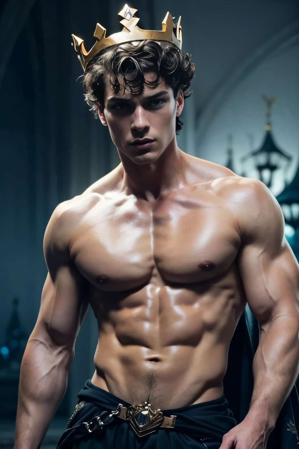 Photorealistic, ((best quality)), ((masterpiece)), (detailed), Disney flin rider, Disney masculine portrait of young fairytale prince, 18-year-old male models, Disney fairytale, handsome, tall, cute looking, evil look, dark look, powerful, young male, handsome model, clean shave, (blue eyes:1.6) (short curly messy brown hair:1.2), messy curly hair, super strong, muscular, fit, massive muscles, six pack, (shirtless:1.5), barechested, half-naked, topless, muscle, ripped, strong body, fit body, great chest, amazing arms, (evil fairytale masculine crown:1.4), fantasy royal jewels, fairytale castle in the background, (Dark background:1.2) 8k, high detailed, ultra-detailed, Stylish Pose, real skin texture, dark cinematic lighting
