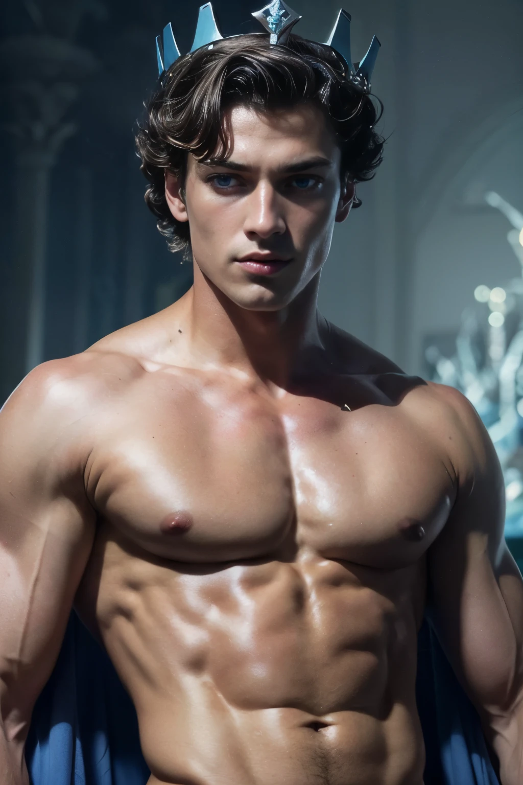 Photorealistic, ((best quality)), ((masterpiece)), (detailed), disney masculine portrait of young fairytale prince, 18-year-old male models, Disney fairytale, handsome, tall, cute looking, evil look, dark look, powerful, young male, handsome model, clean shave, (blue eyes:1.6) (short curly messy brown hair:1.2), messy curly hair, super strong, muscular, fit, massive muscles, six pack, (shirtless:1.5), barechested, half-naked, topless, muscle, ripped, strong body, fit body, great chest, amazing arms, (evil fairytale masculine crown:1.4), fantasy royal jewels, fairytale castle in the background, (Dark background:1.2) 8k, high detailed, ultra-detailed, Stylish Pose, real skin texture, dark cinematic lighting, Full body shot,