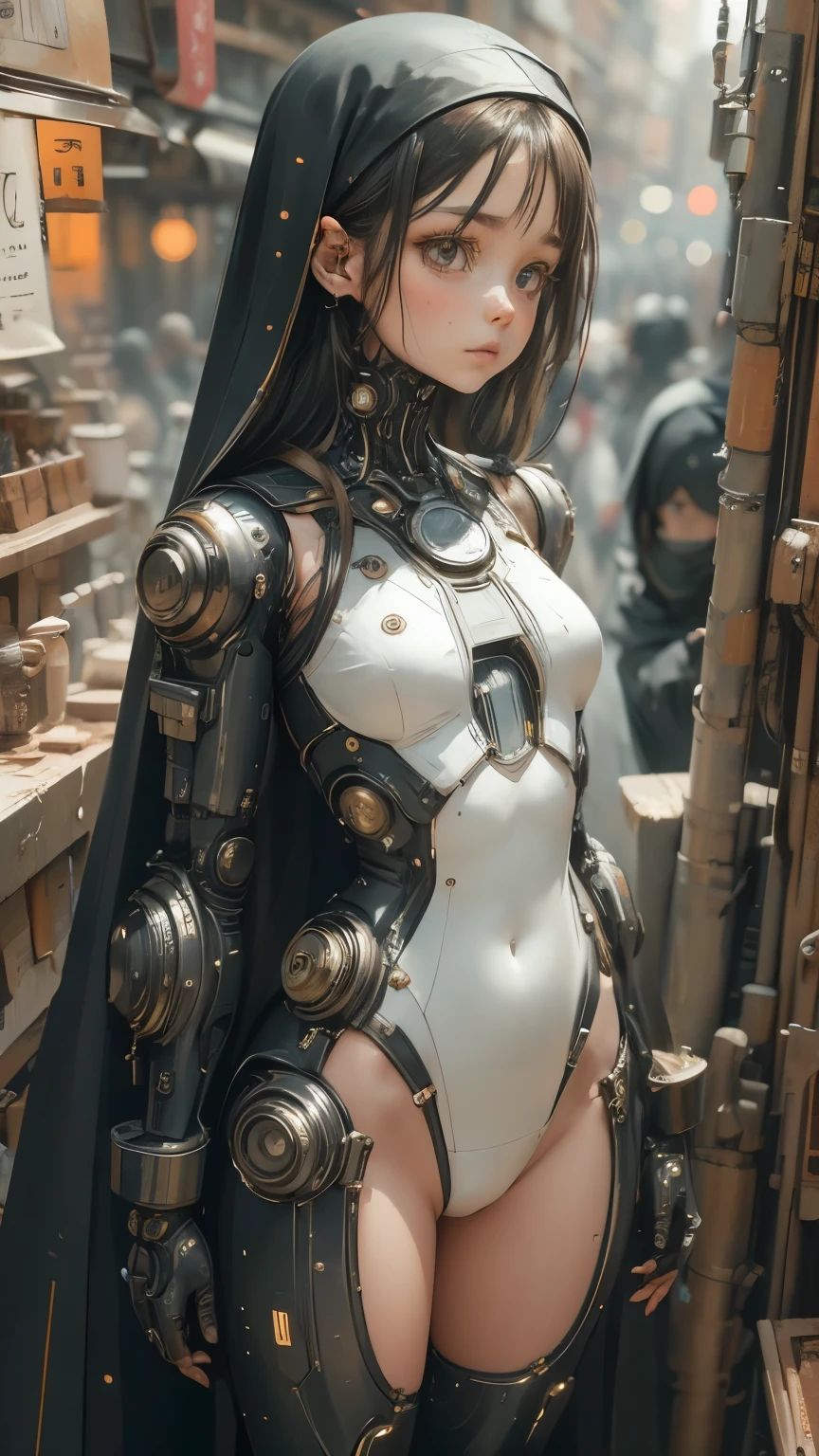 Ultra realistic girl , 8  , very long black hair frinje ,  nun , nucleo de energia azul  , no expression.  Cyborg arms  and legs mechanical limbs . Conected  in machine , Cyberpunk  . Standing front . Machine. 