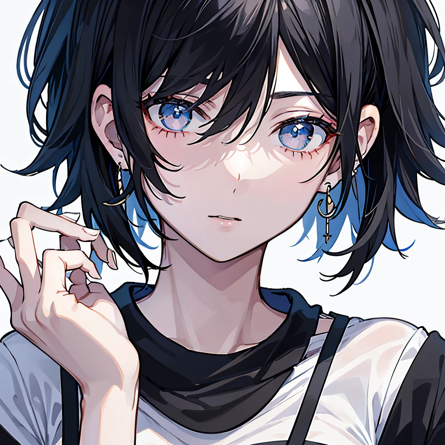 boyish,Black hair with a slight bluish tinge,earrings,shortcut,cool type girl,C cup,I take off half of my fashionable clothes,face close up,High quality,Super high quality