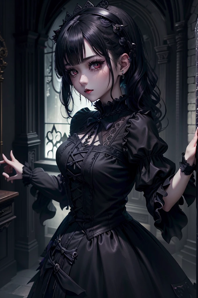 Hard Dark Gothic Makeup、sad eyes、Deep night sky、horor、Black Dark Eyeshadow、crying、mourn、Good skin luster、Dark Gothic Makeup、Dark smile、Restless Palace、heartache、Fragrant beauty、22year old、Lying、seductive、A look of shame、Dark Gothic、Gothic ta、bell sleeves、Wizard Sleeve、Obscene look、Stained glass background、masutepiece、Best Quality、jet black ruffle skirt、black lipstick、stain glass、Goth  clothes、put your hair up、A little slender、cute gothic loliress、beautiful face、