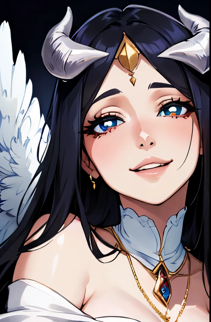 photo of a iom girl, Albedo from Nazarick, best highres, best highest quallity, illustration, cinematic light, ultra detailed, detailed face, sweet face, (detailed eyes:1.05), (realistic eyes:1.05), anime girl, best quality, hyper detailed, beautiful masterpiece, masterpiece, (detailed_face), highest details, luminous_eyes, medium breats, beautiful niples, an impeccable beauty, white clothes, lustrous jet-black hair and the face of a goddess, maniacal smile, lips parted, golden irises and vertically split pupils; on her left and right temples are two thick horns protruding crookedly, and on her waist are a pair of black angel wings, a pure white dress with silky gloves covering her slender hands and a golden spiderweb necklace that covers her shoulders and chest