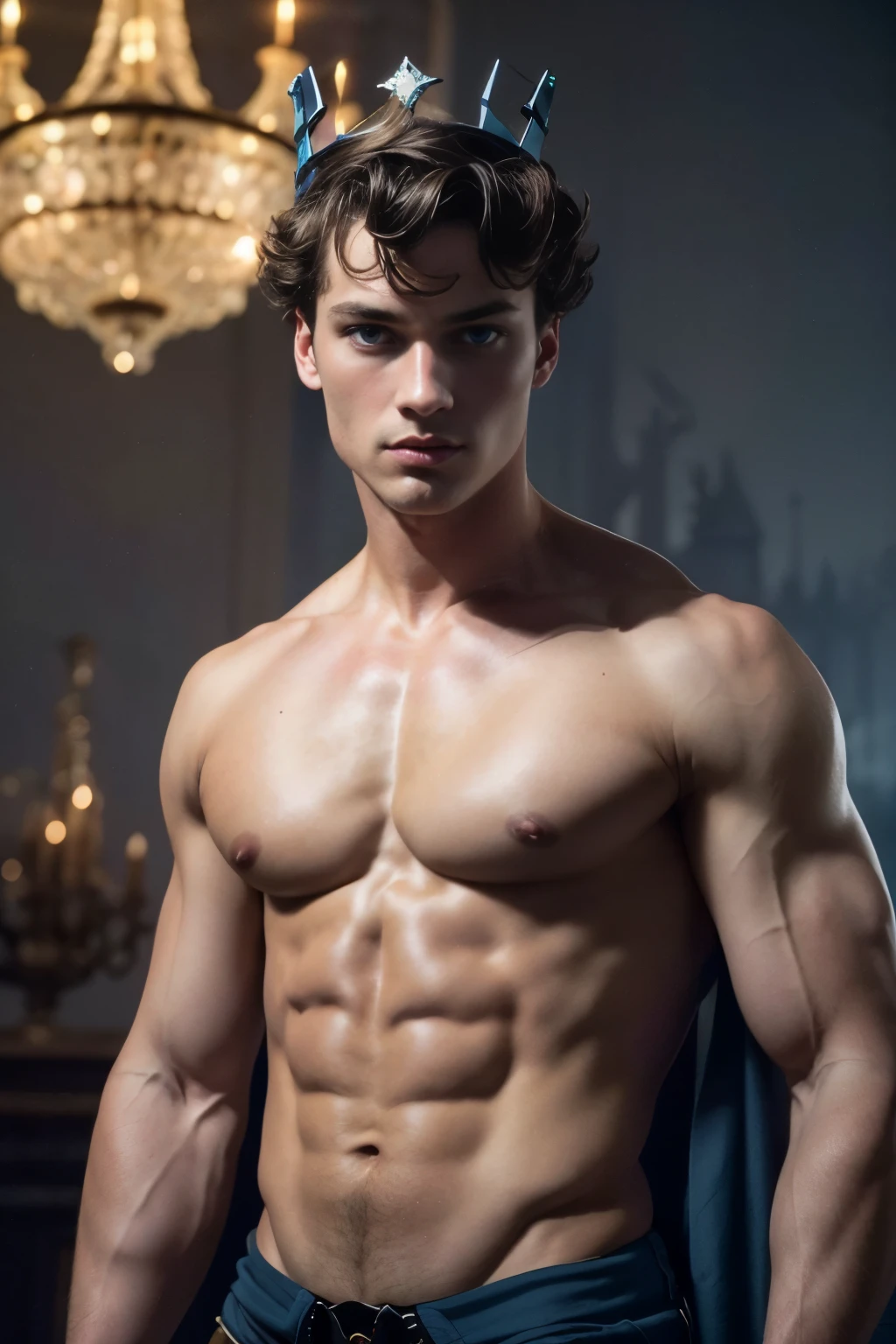 Photorealistic, ((best quality)), ((masterpiece)), (detailed), disney masculine portrait of young fairytale prince, 18-year-old male models, Disney fairytale, handsome, tall, cute looking, evil look, dark look, powerful, young male, handsome model, clean shave, (blue eyes:1.6) (short curly messy brown hair:1.2), messy curly hair, super strong, muscular, fit, massive muscles, six pack, (shirtless:1.5), barechested, half-naked, topless, muscle, ripped, strong body, fit body, great chest, amazing arms, (evil fairytale masculine crown:1.4), fantasy royal jewels, fairytale castle in the background, (Dark background:1.2) 8k, high detailed, ultra-detailed, Stylish Pose, real skin texture, dark cinematic lighting, Full body pose,
