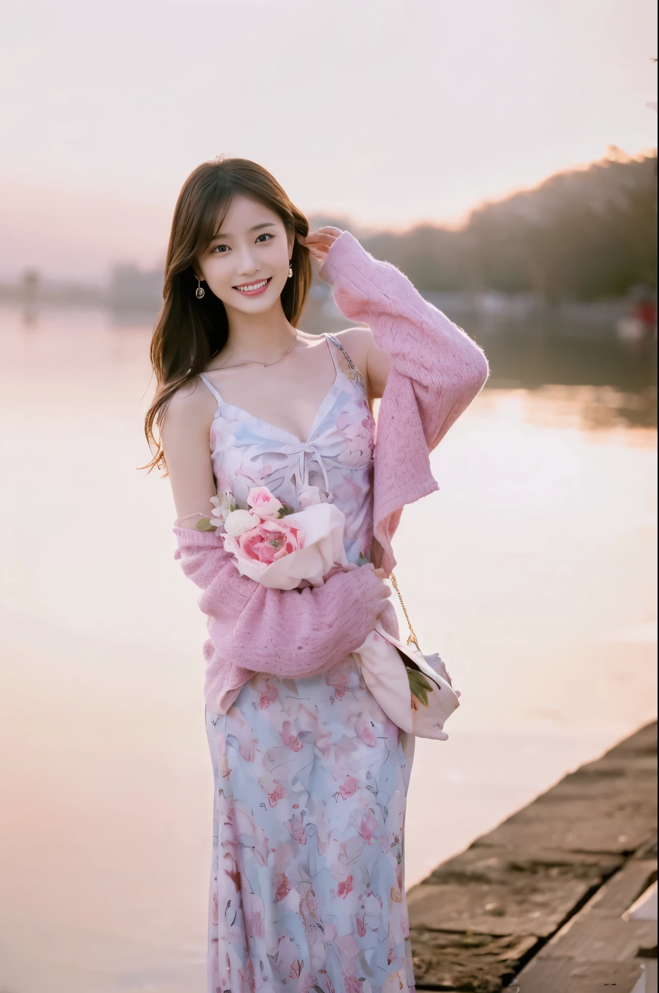 ((Masterpiece, Top image quality, high resolution、alone、skin shiny))(on the table, best quality, (medium breasts:1.5),actual, super detailed, meticulous, high resolution, 8k wallpaper), Close-up portrait of a beautiful woman, like, smiling, light brown messy hair, Perfect dynamic composition, 美丽meticulous的眼睛, Just like the cover of a fashion magazine, on campus,Gorgeous costumes,hot stamping clothing,