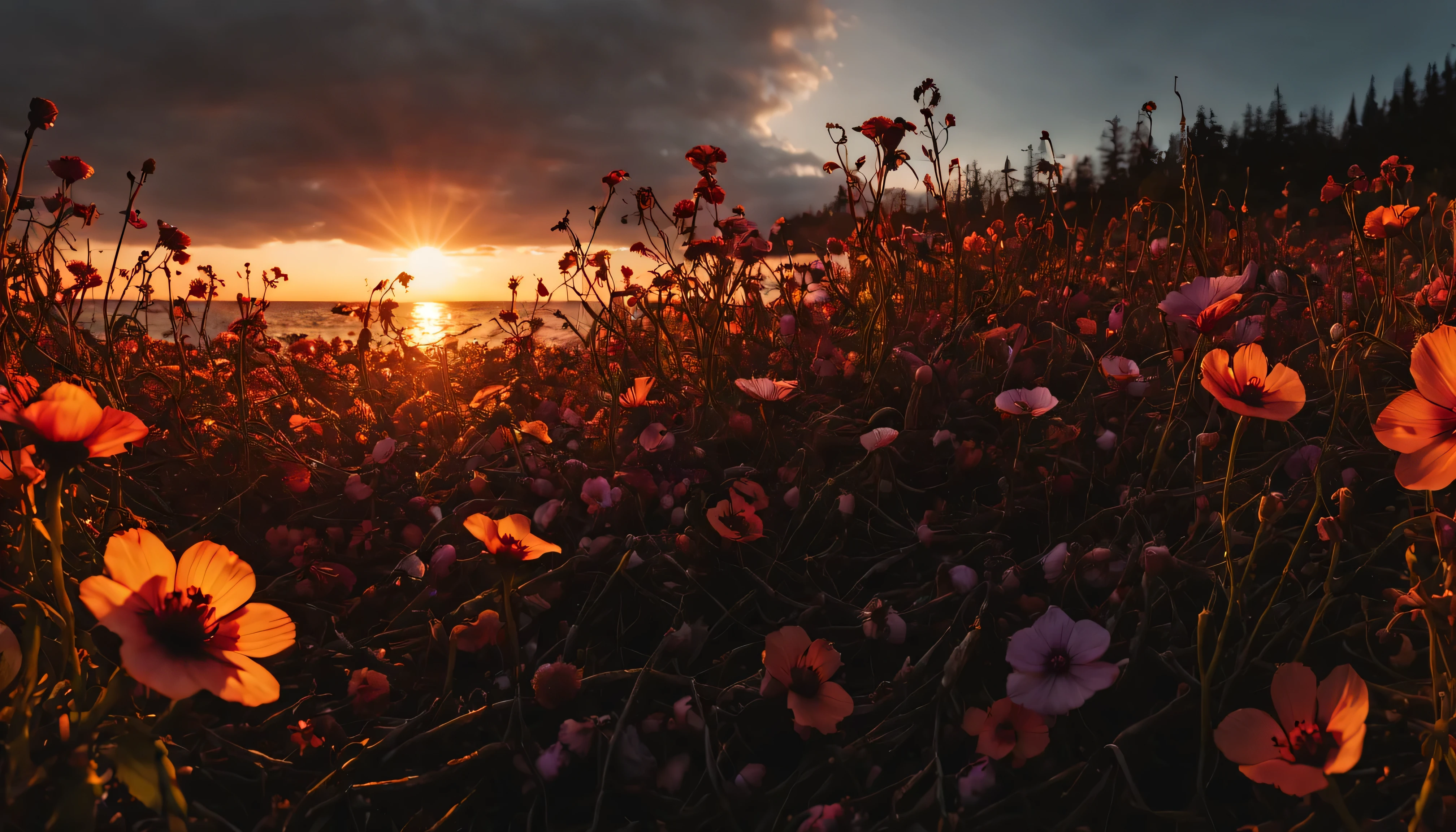 entropy, decay, rewilding, a meadow of ominous vile flowers, malevolent sinister technicolor sea of poisonous flowers, nautical twilight sunset, natural light shining through the flower petals, intricate detailed accurate ornate flowers, cinematic cerebral visceral overwhelming dread, sea of detailed spreading sprawling virus flowers,