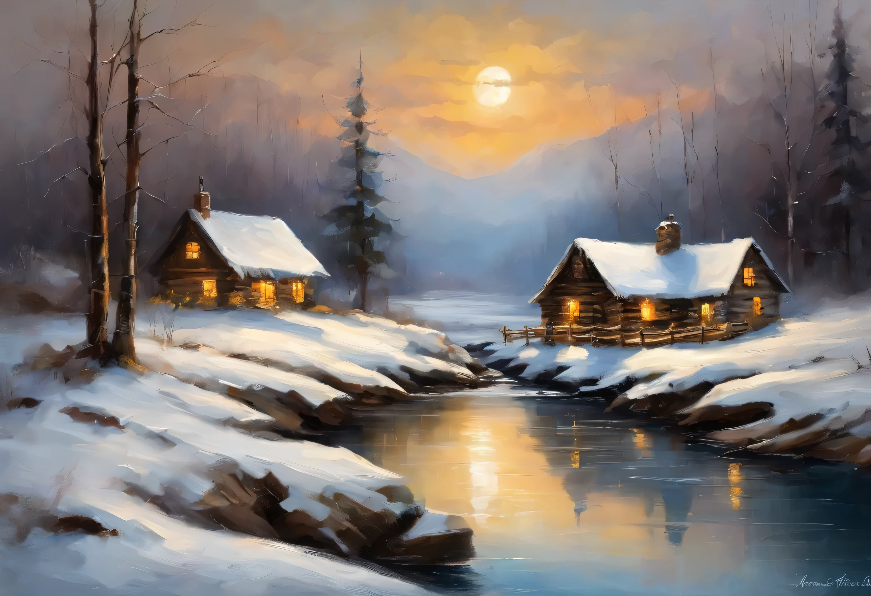 An old cabin by the stream in winter, bridge, barn next to the house, smoke coming out of the chimney, water in the foreground, huge moon and moonlight, perfect reflections, mountain peaks in the background, only gray and beige white and blue colors, inspired by Thomas Kinkade