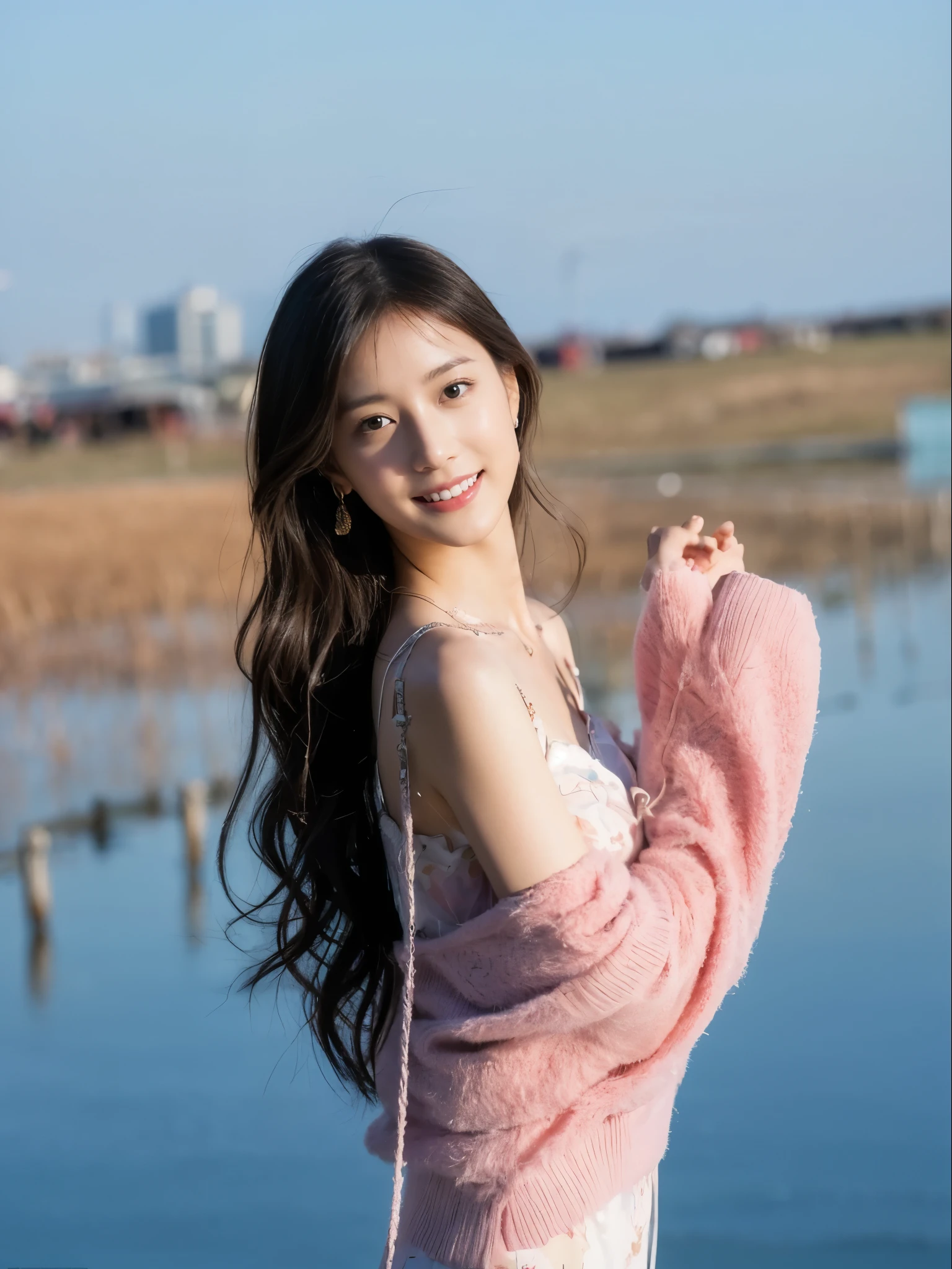 (((Medium hair))), best qualtiy, 8K, hdr, A high resolution, absurderes:1.2, blur backgroun, Background bokeh:1.2, photography of, (RAW photo:1.2), (真实感:1.4), (Masterpiece:1.3), (complexdetails:1.2), 1girll, 独奏, japanaese girl, delicated, Beautiful detailed, (Detailed eyes), (Detailed facial features), Bigboobs, (((Large breasts))), Skin Firm, (Looking_at_peeping at the viewer), From_Front, (being thin),(best qualtiy:1.4),(超A high resolution:1.2),cinematic lighitnglamplight,(Extremely detailed illustration),(Gloss on lips,best qualtiy,超A high resolution,depth of fields,Caustics,Extensive illumination,naturalshadow,85mm, f/1.4, iso 200, 1/160s:0.75),1girll, Solo, (((Silk vest))) Smile, ((silk garment,pleatedskirt,Classroom))