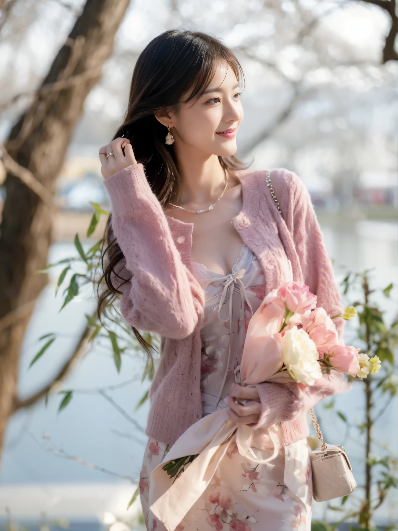 ((Masterpiece, Top image quality, high resolution、alone、skin shiny))(on the table, best quality, (medium breasts:1.5),actual, super detailed, meticulous, high resolution, 8k wallpaper), Close-up portrait of a beautiful woman, like, smiling, light brown messy hair, Perfect dynamic composition, 美丽meticulous的眼睛, Just like the cover of a fashion magazine, on campus,Gorgeous costumes,hot stamping clothing,