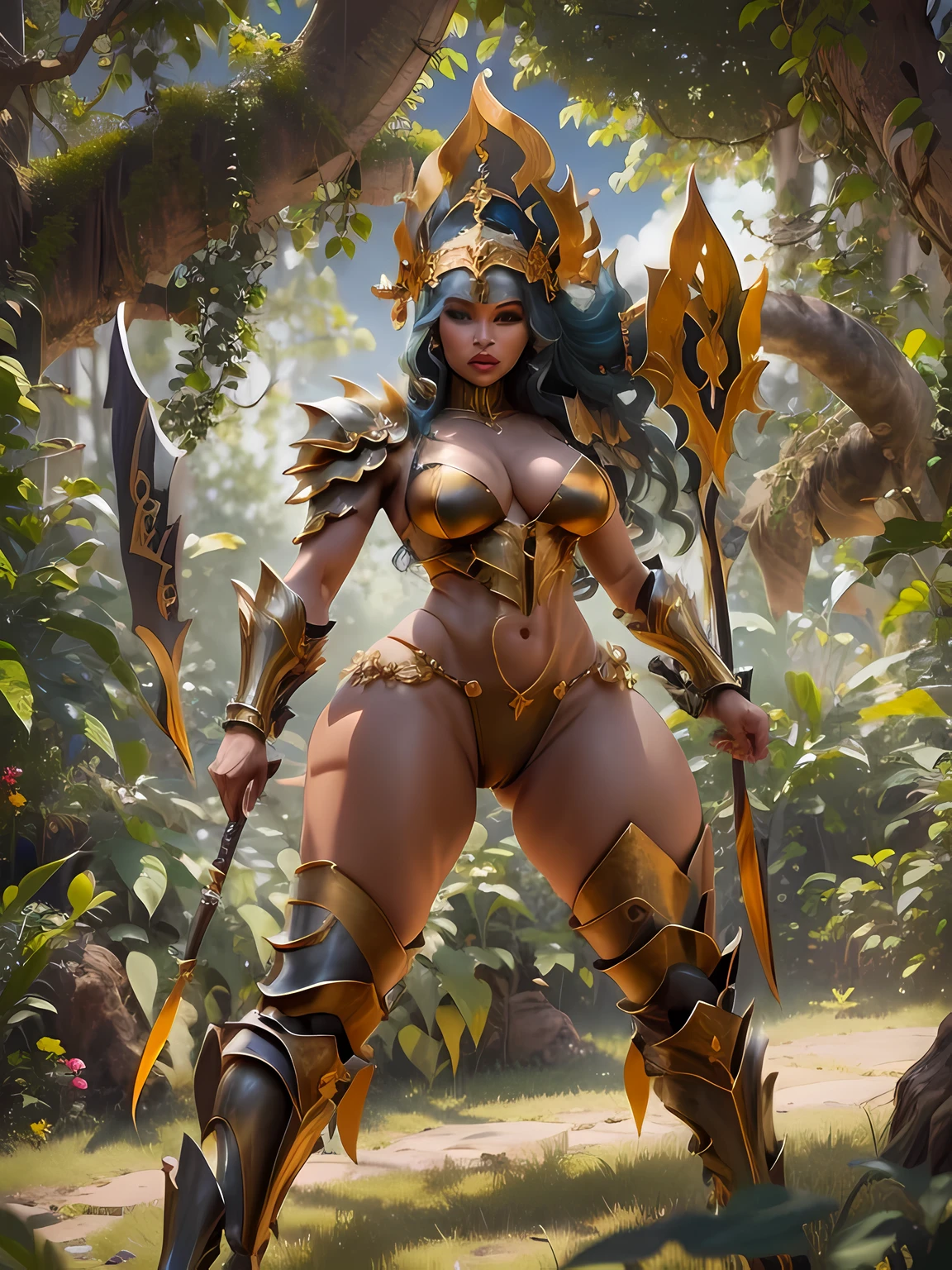 (GC superior, Obra maestra, incredibly detailed, Alta calidad),(antecedentes detallados), (cara hermosa y muy detallada),HDR, hd, studio lighting, Diosa guerrera africana con armadura de bikini rojo, jungle landscape, mujer musculosa, ((trasero extremadamente grande)), ((tope de burbuja)), medida de cadera 180 cm