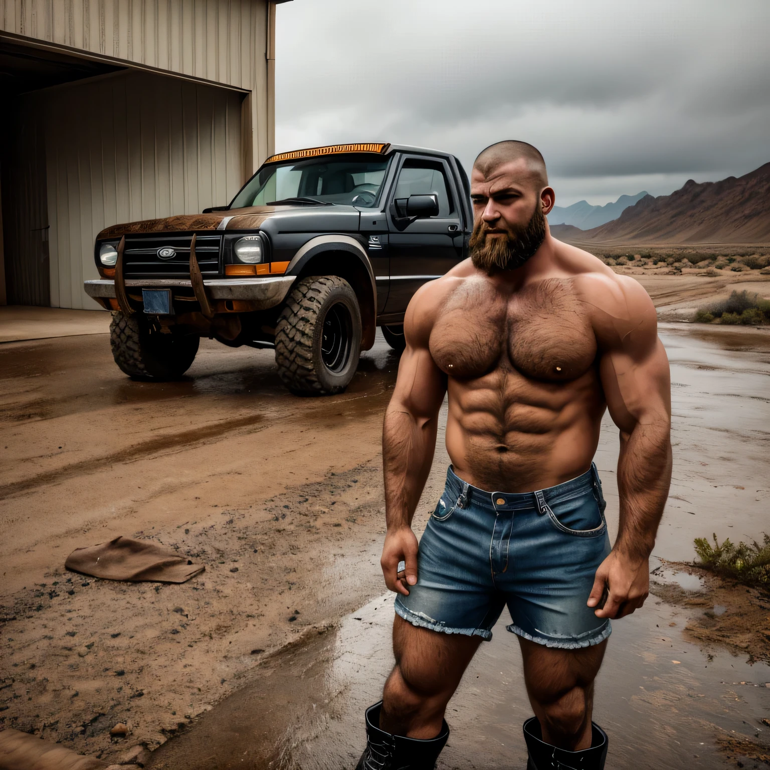 Two muscular and extremely hairy men, with shaved head and oily skin, travaillent sur une camionnette noire sous la pluie. L'un a une barbe noire, et l'autre une barbe blonde, both showing thick thighs. Ils portent un short Levi's 501 dirty white and fitted., soulignant leur musculature, paired with black ranger boots. They are outside a desert, rusty garage in a barren place, paysage poussiéreux sous un ciel pluvieux, renforçant la désolation et l'isolation from the scene.
