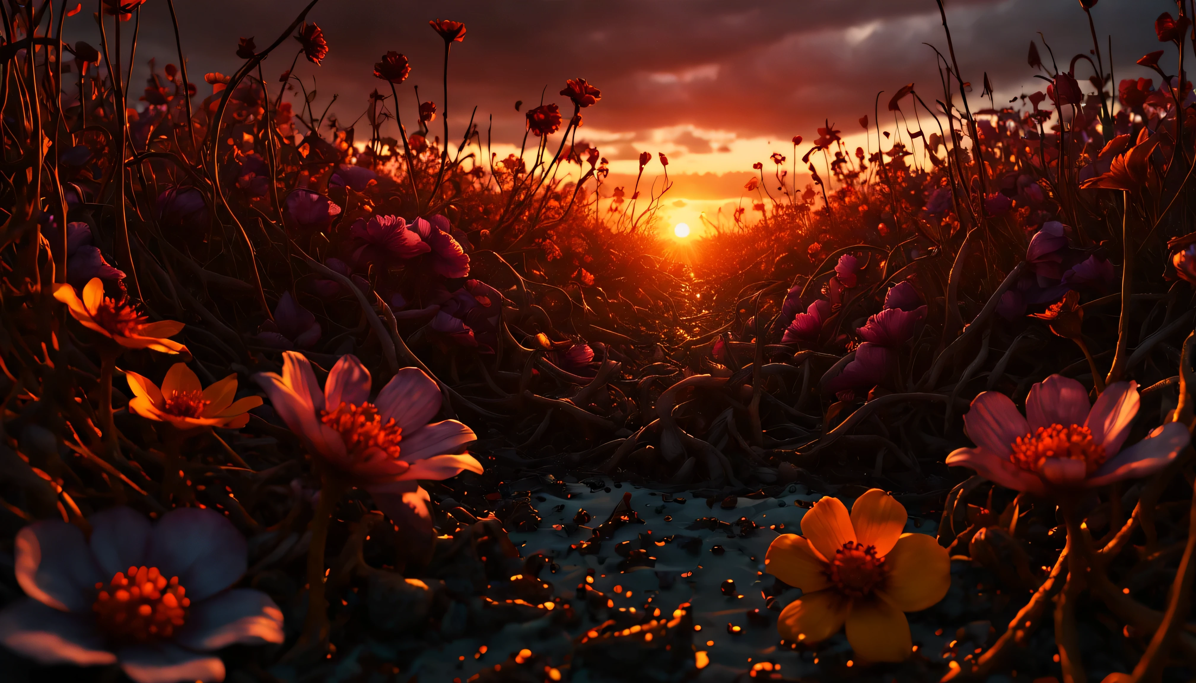 entropy, decay, rewilding, a meadow of ominous vile flowers, malevolent sinister technicolor sea of poisonous flowers, nautical twilight sunset, natural light shining through the flower petals, intricate detailed accurate ornate flowers,

