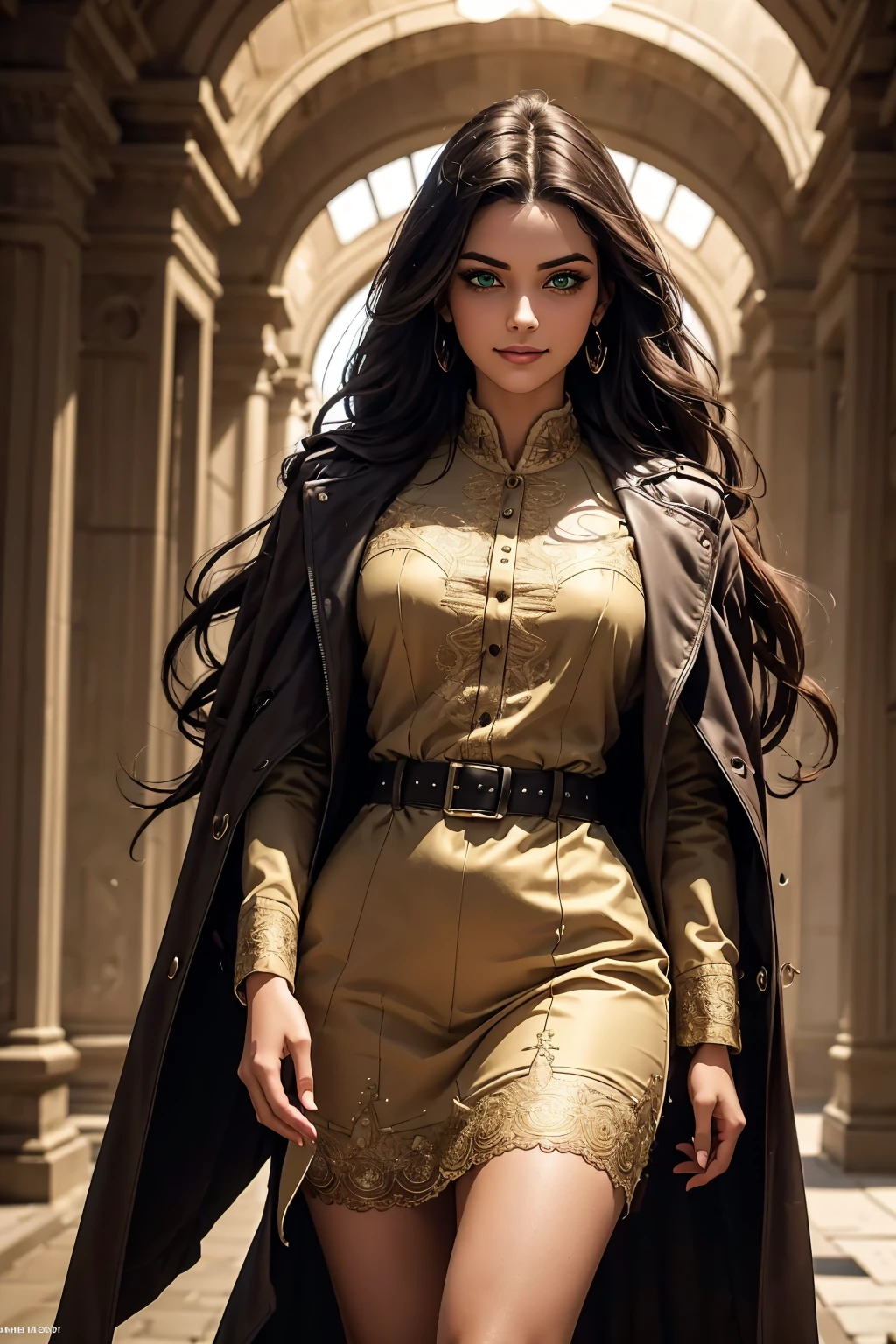 A stunning Indian beauty, with bright green eyes, with dark brown-black long wavy long hair, with mesmerizing feature with a Hopeful smiling expression, finely detailed eyes, happy mood masterpiece, top quality, best quality, official art, beautiful and aesthetic:1.2), (1girl), extreme detailed,(fractal art:1.3), colorful, highest detailed, (masterpiece, best quality:1.3) 1 bright-green-eyed woman, professional digital painting, Unreal Engine 5. Wearing a black-buttoned-up-military-trench coat.
