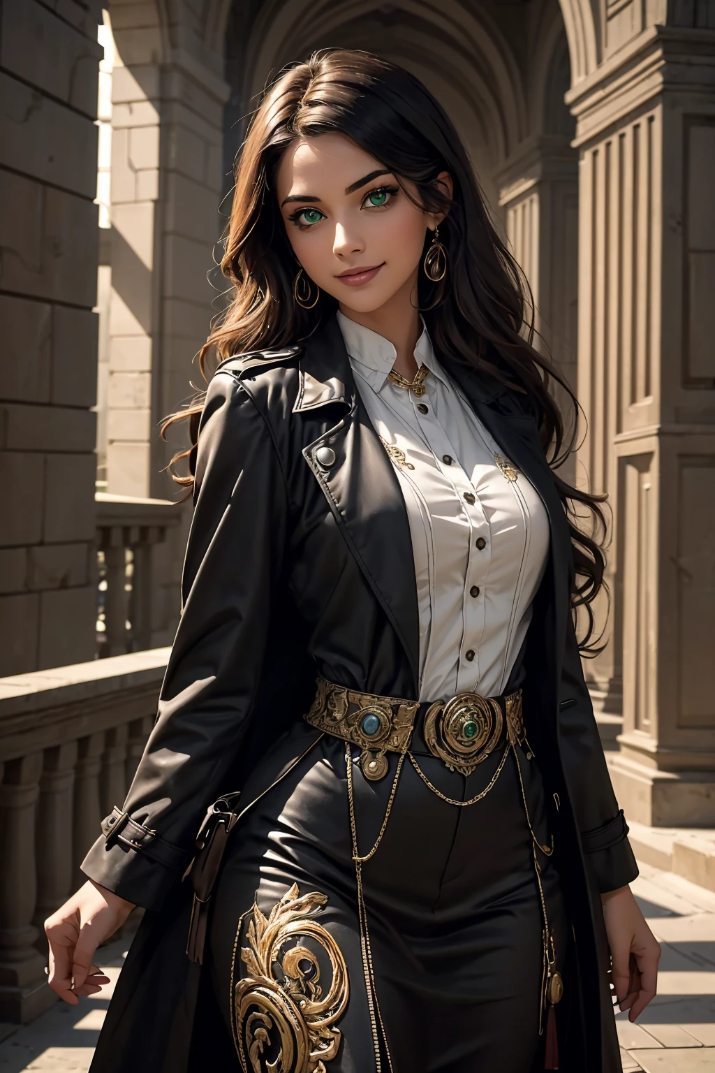 A stunning Indian beauty, with bright green eyes, with dark brown-black long wavy long hair, with mesmerizing feature with a Hopeful smiling expression, finely detailed eyes, happy mood masterpiece, top quality, best quality, official art, beautiful and aesthetic:1.2), (1girl), extreme detailed,(fractal art:1.3), colorful, highest detailed, (masterpiece, best quality:1.3) 1 bright-green-eyed woman, professional digital painting, Unreal Engine 5. Wearing a black-buttoned-up-military-trench coat.

