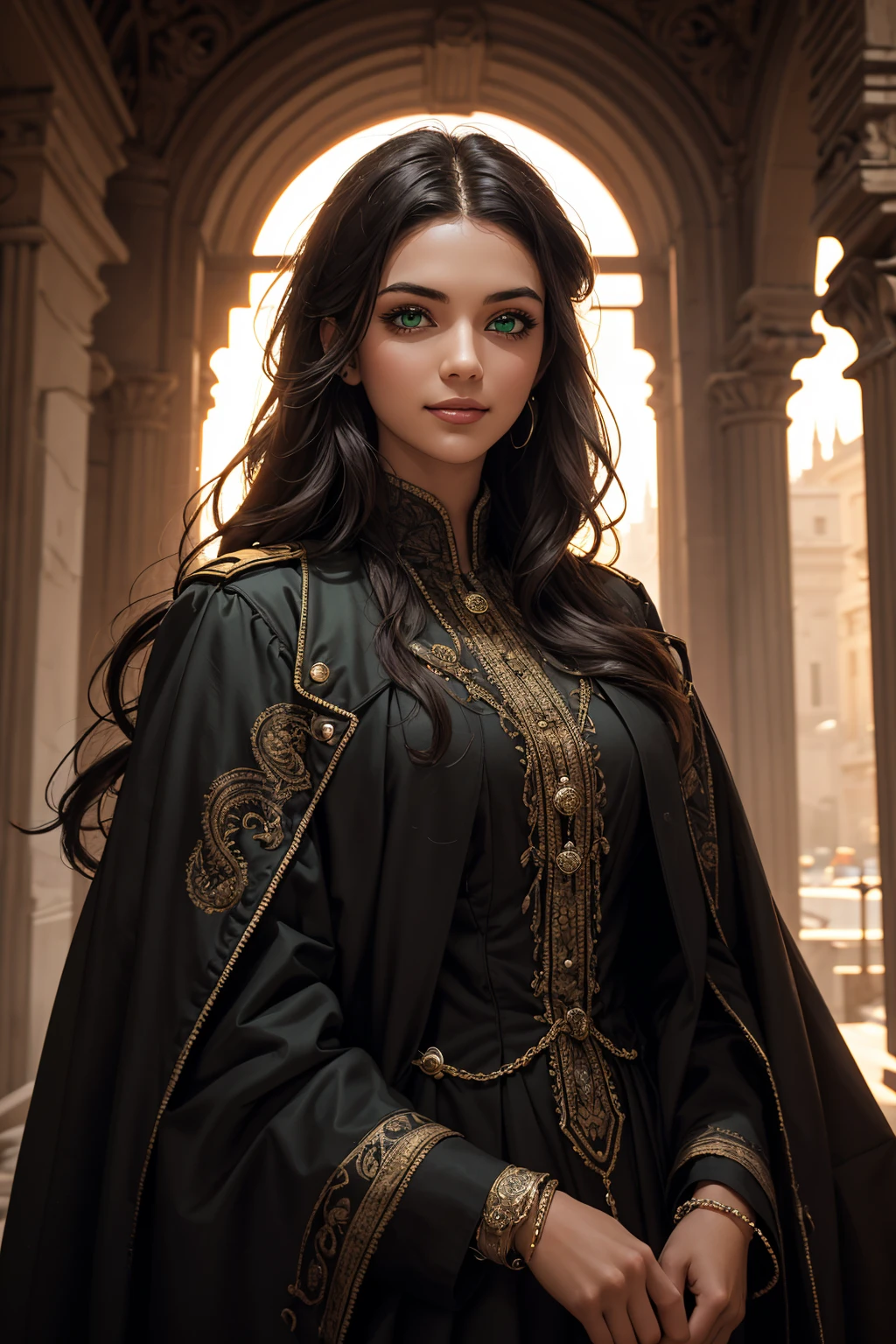 A stunning Indian beauty, with bright green eyes, with dark brown-black long wavy long hair, with mesmerizing feature with a Hopeful smiling expression, finely detailed eyes, happy mood masterpiece, top quality, best quality, official art, beautiful and aesthetic:1.2), (1girl), extreme detailed,(fractal art:1.3), colorful, highest detailed, (masterpiece, best quality:1.3) 1 bright-green-eyed woman, professional digital painting, Unreal Engine 5. Wearing a black-buttoned-up-military-trench coat.
